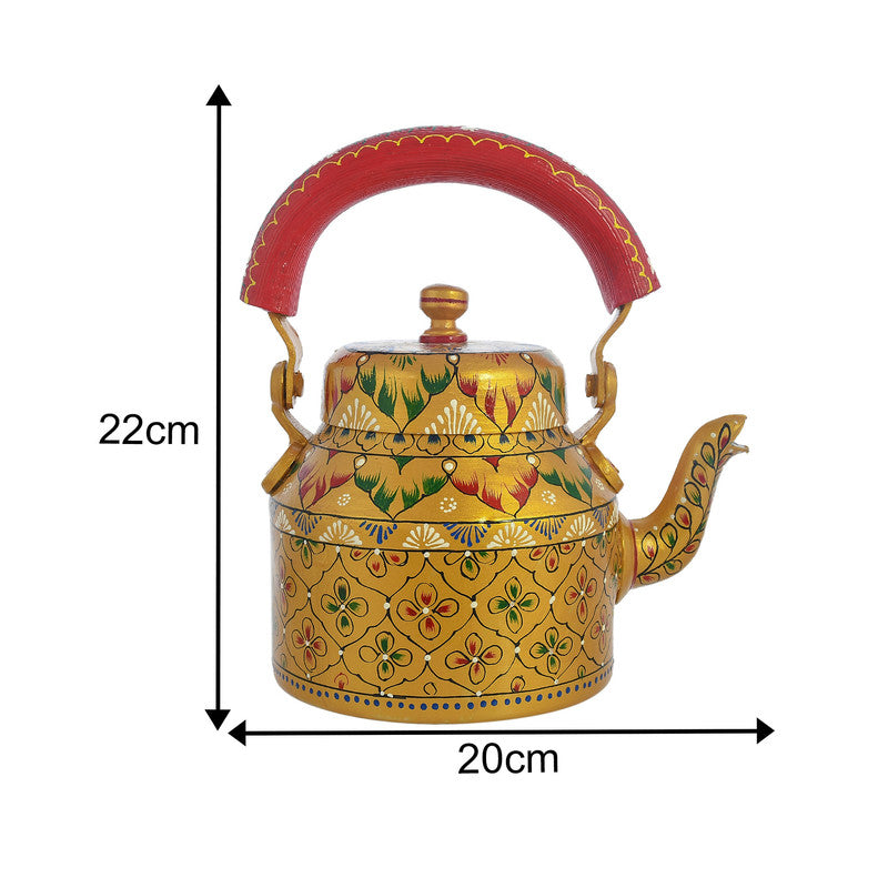 HandPainted Alluminium Tea Kettle with 6 Glasses and Wooden Tray For Home Décor , Tea Party , Serving (KT4-2) SWASTIK CREATIONS The Trend Point