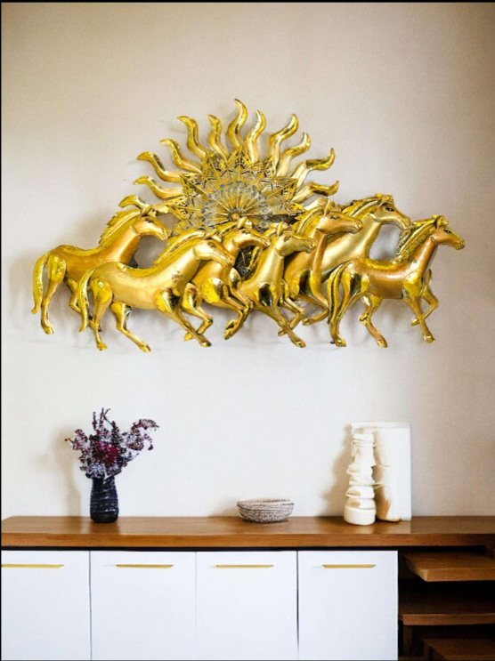 7 Horses Metal Wall Art With LED (Golden) - SWASTIK CREATIONS The Trend Point