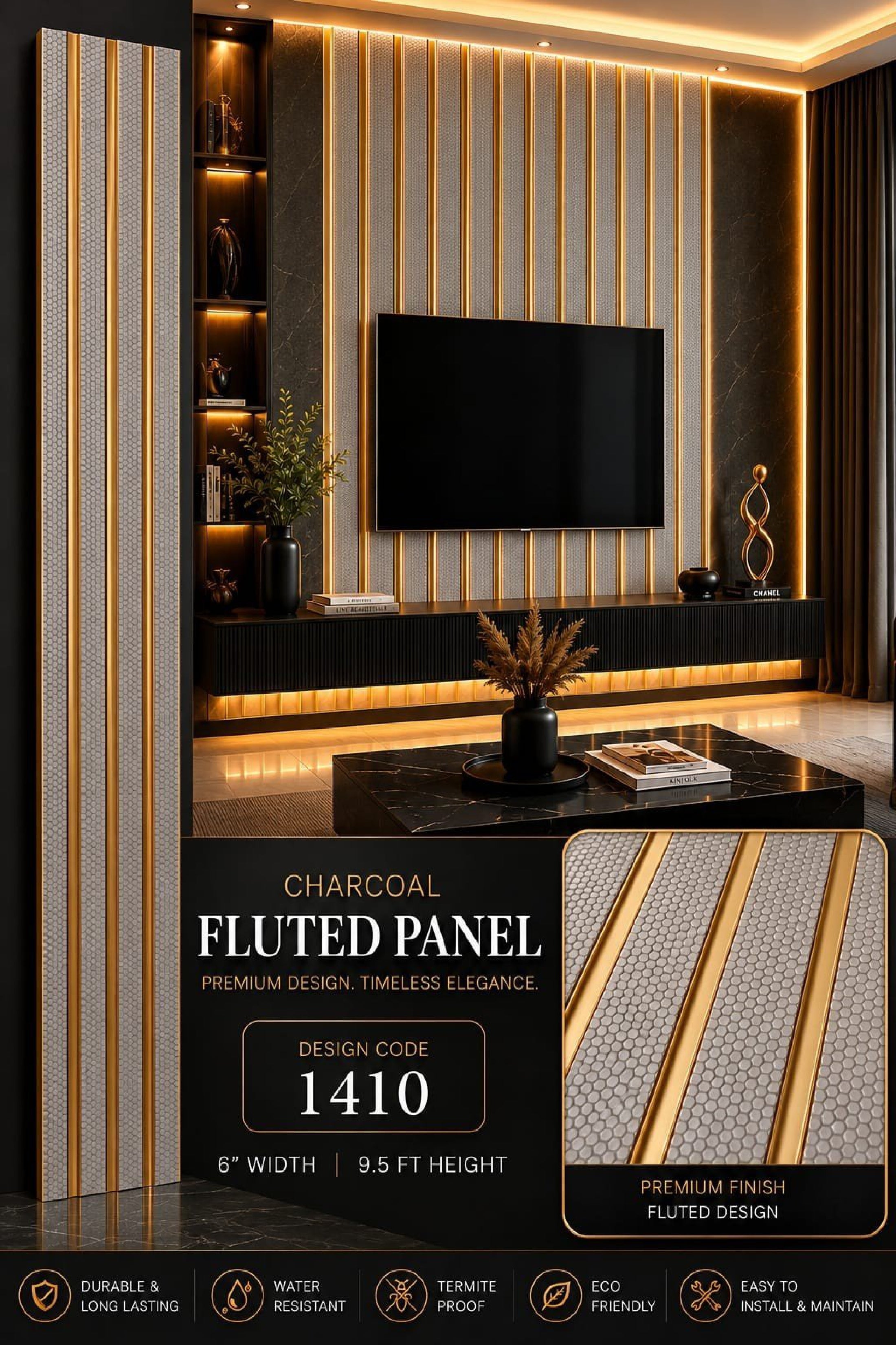 Code 1410 - Premium Charcoal Fluted Louver Panels (1 box of 16pcs) (Min 10 box order)