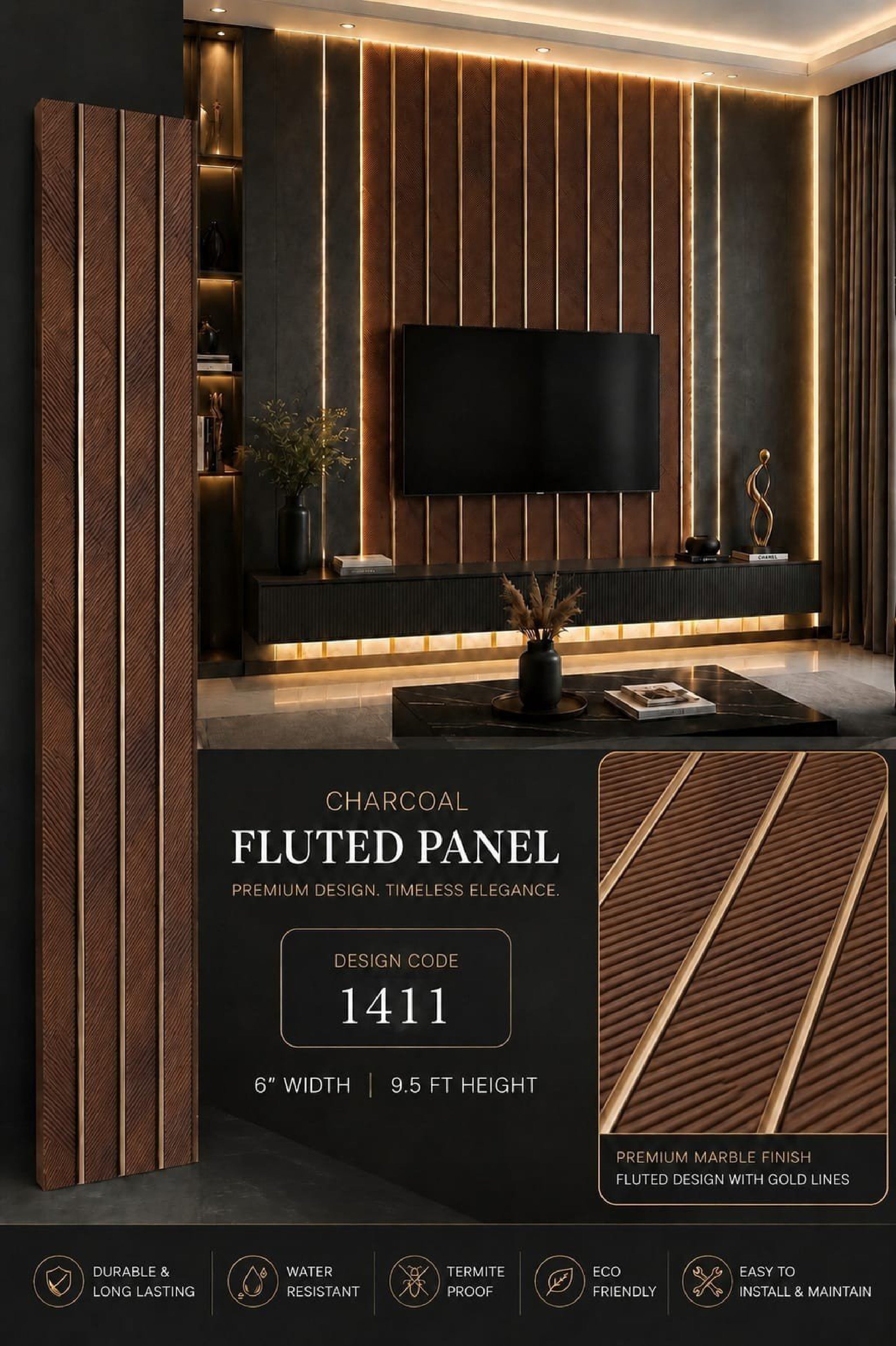 Code 1411 - Premium Charcoal Fluted Louver Panels (1 box of 16pcs) (Min 10 box order)