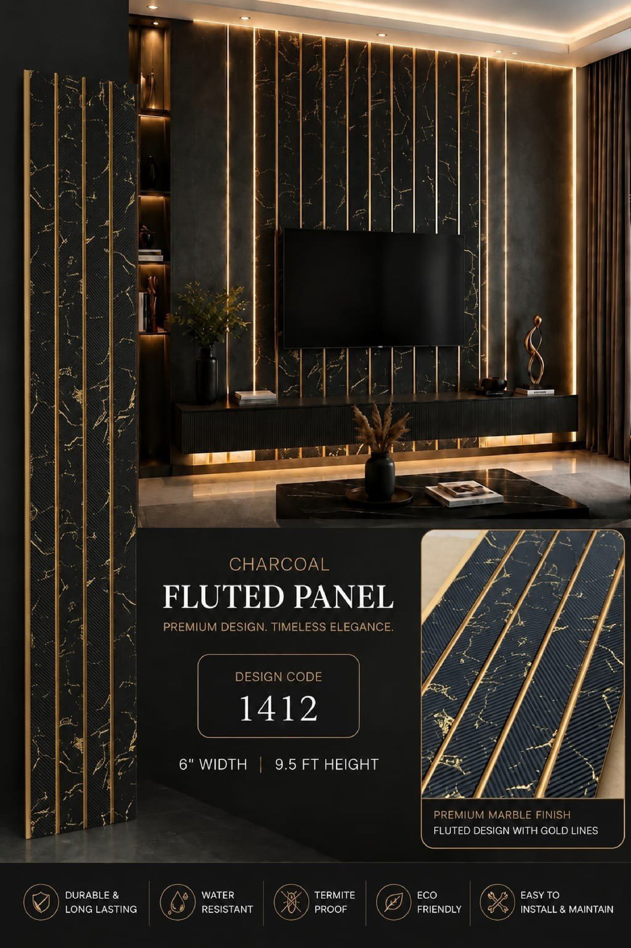 Code 1412 - Premium Charcoal Fluted Louver Panels (1 box of 16pcs) (Min 10 box order)