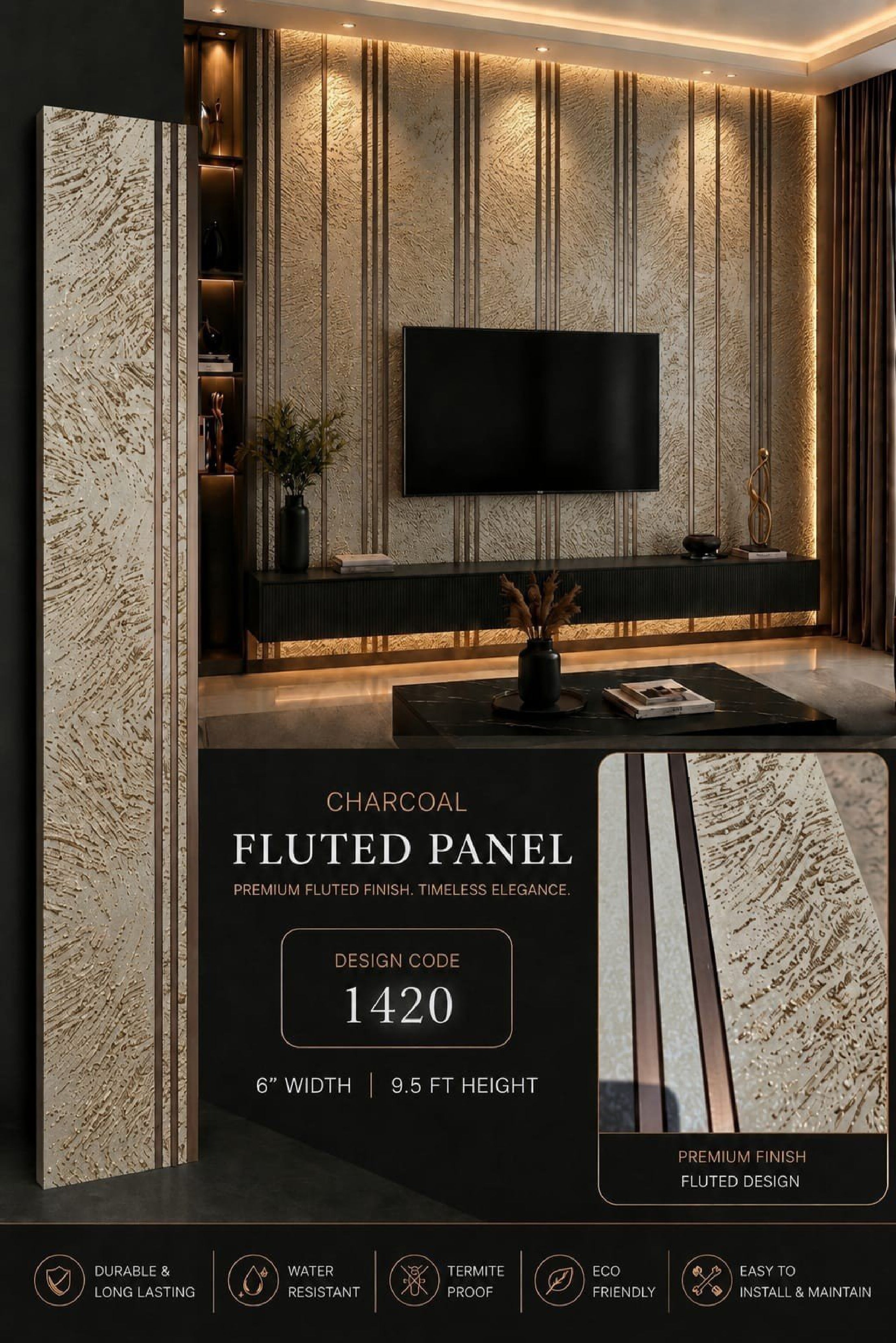 Code 1420 - Premium Charcoal Fluted Louver Panels (1 box of 16pcs) (Min 10 box order)