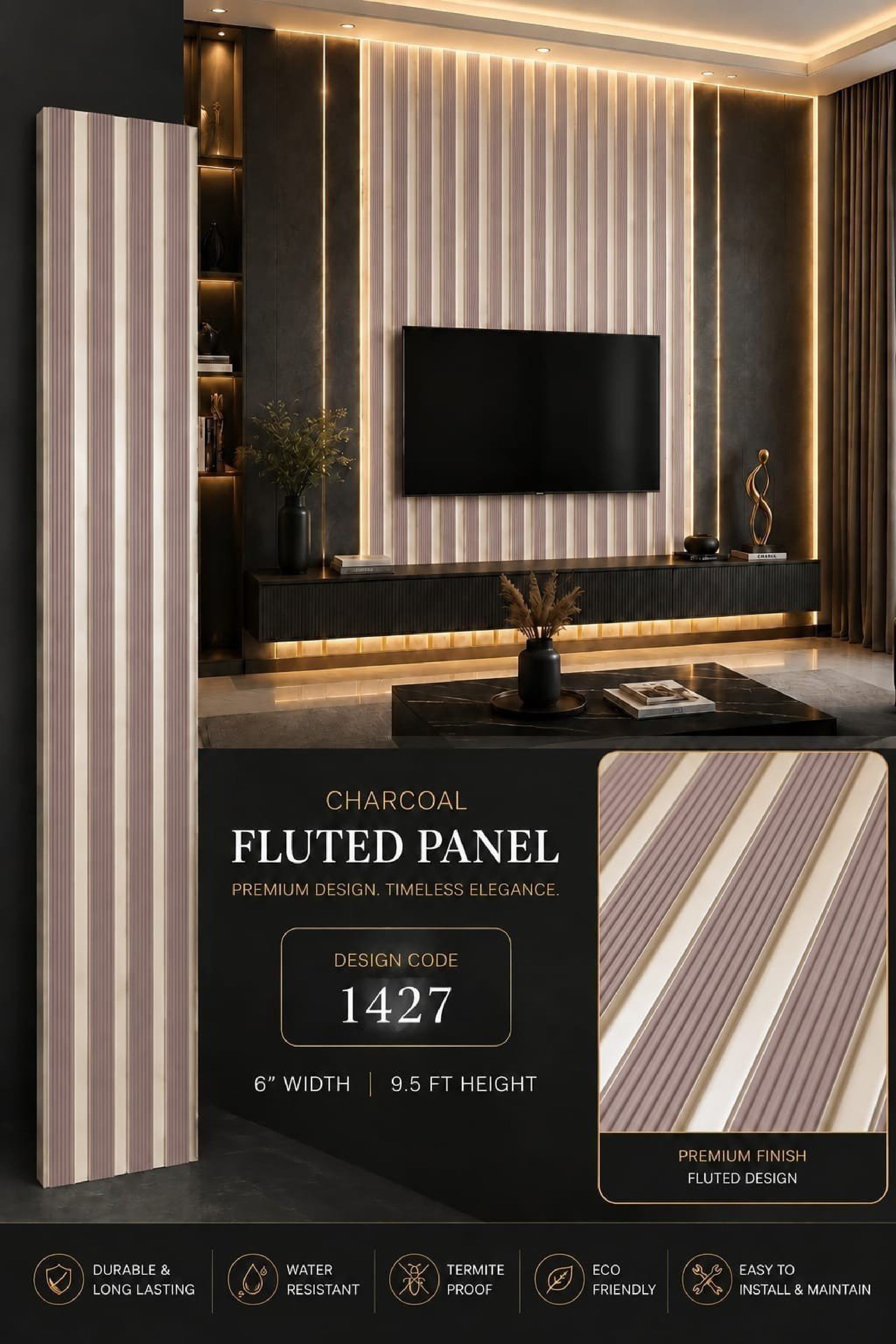 Code 1427 - Premium Charcoal Fluted Louver Panels (1 box of 16pcs) (Min 10 box order)