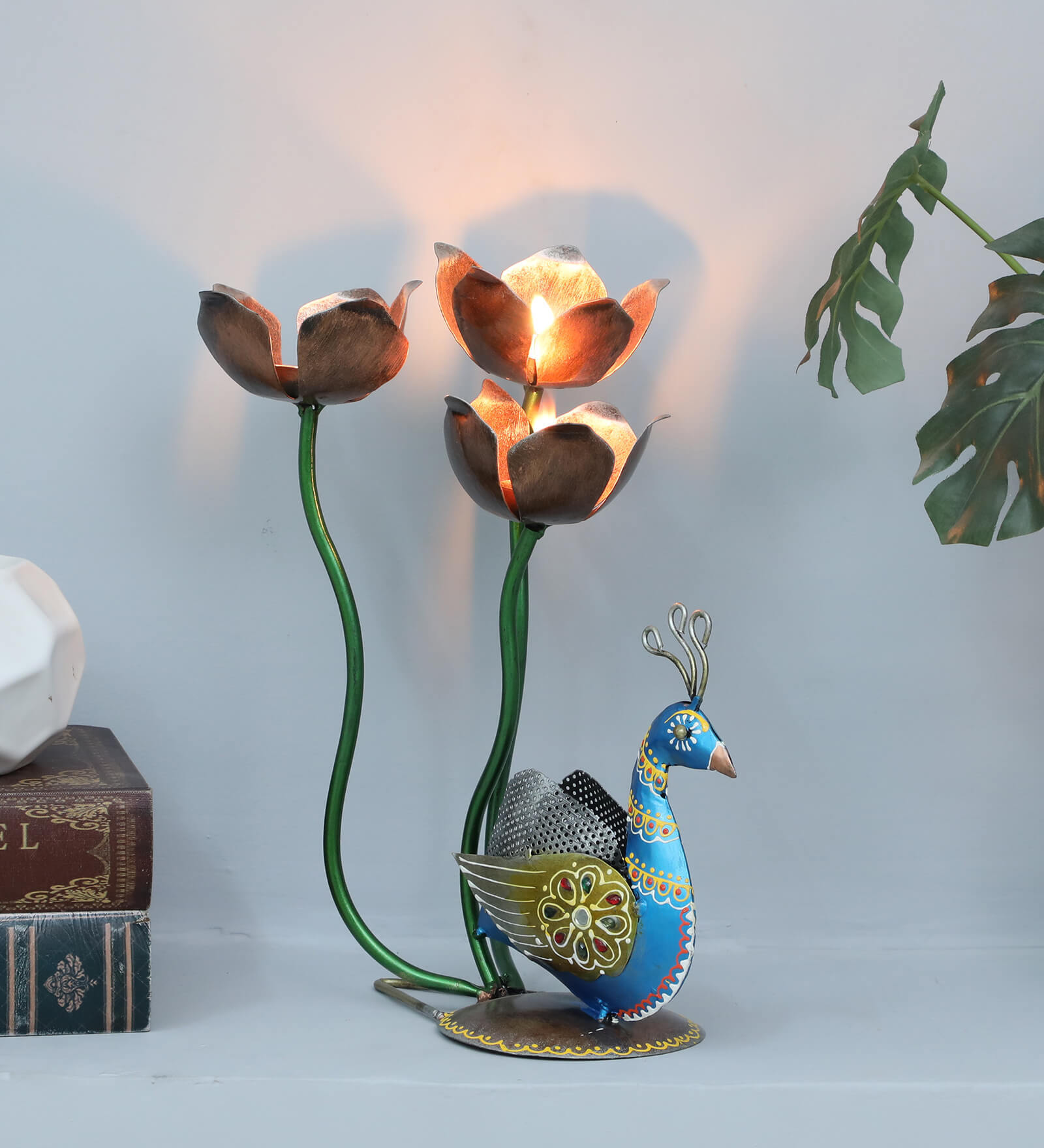 Decorative Flower Peacock Multicolour Metal Table Tea Light Holder - SWASTIK CREATIONS The Trend Point