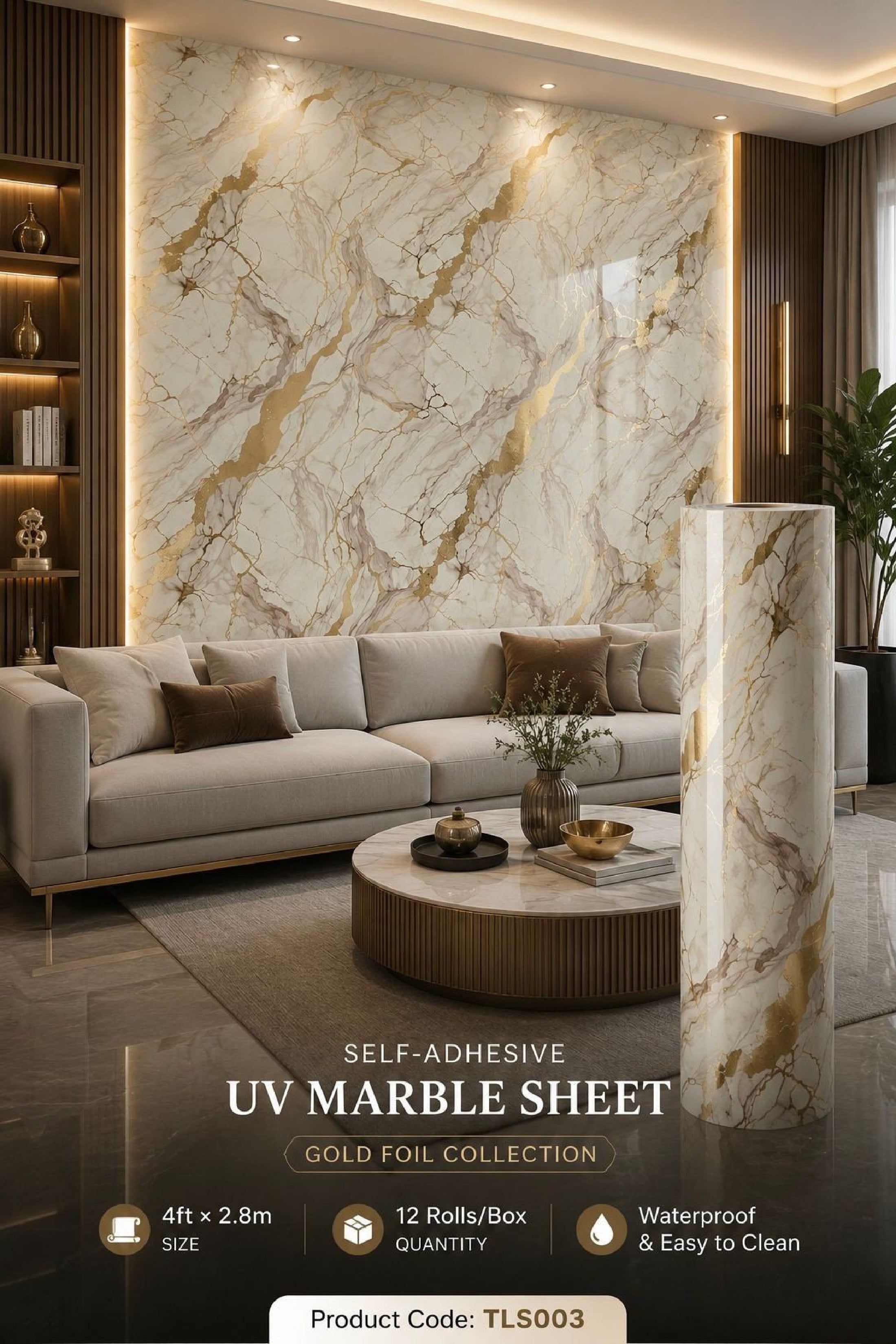 Gold Foil UV Marble Sheets (size 10 x 4 Feet) TLS003