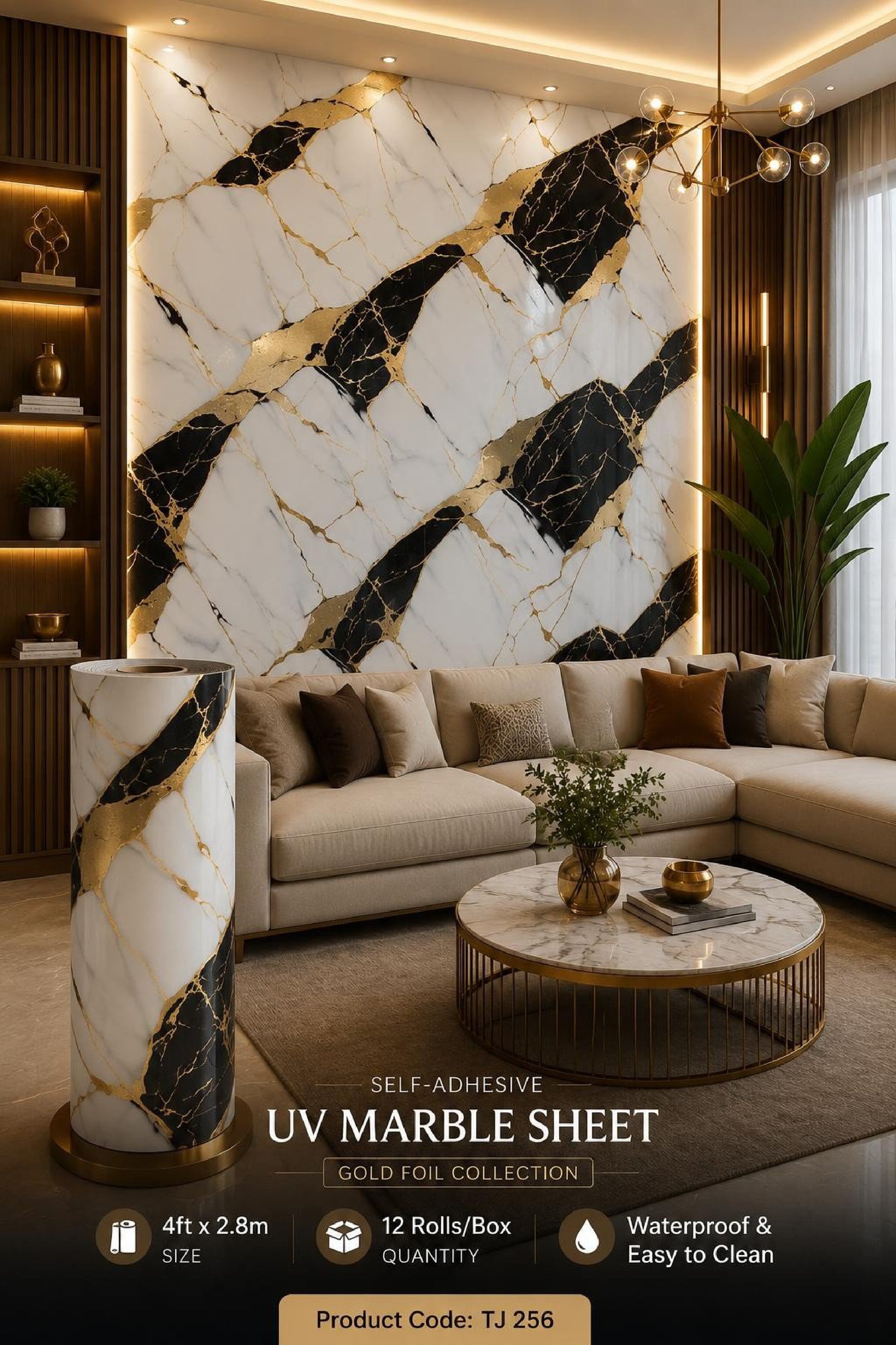 Gold Foil UV Marble Sheets (size 10 x 4 Feet) TJ 256