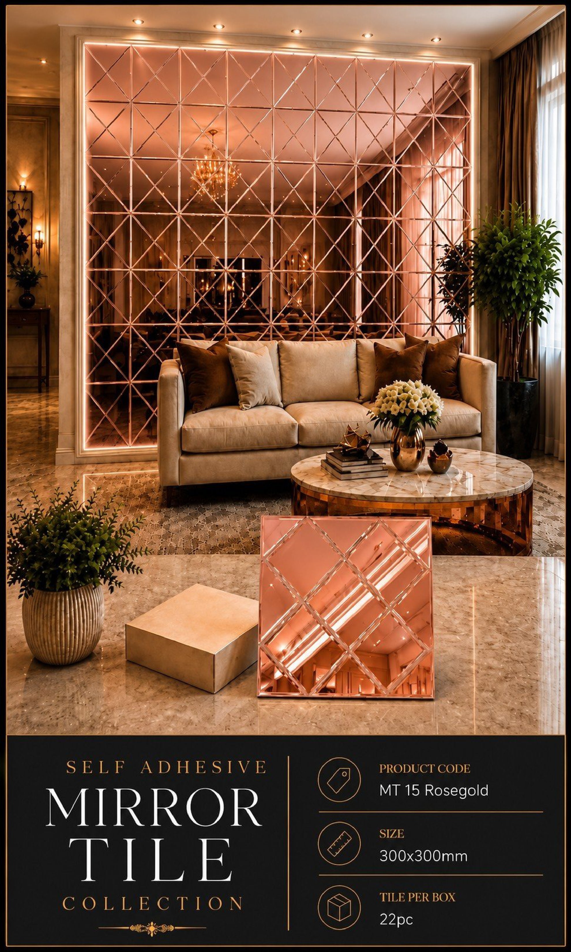 #MT15 - Rose Gold Self Adhesive Glass Mosaic Tile (Min 22pcs) (1 Tile Coverage Area 0.9 Sq Ft)