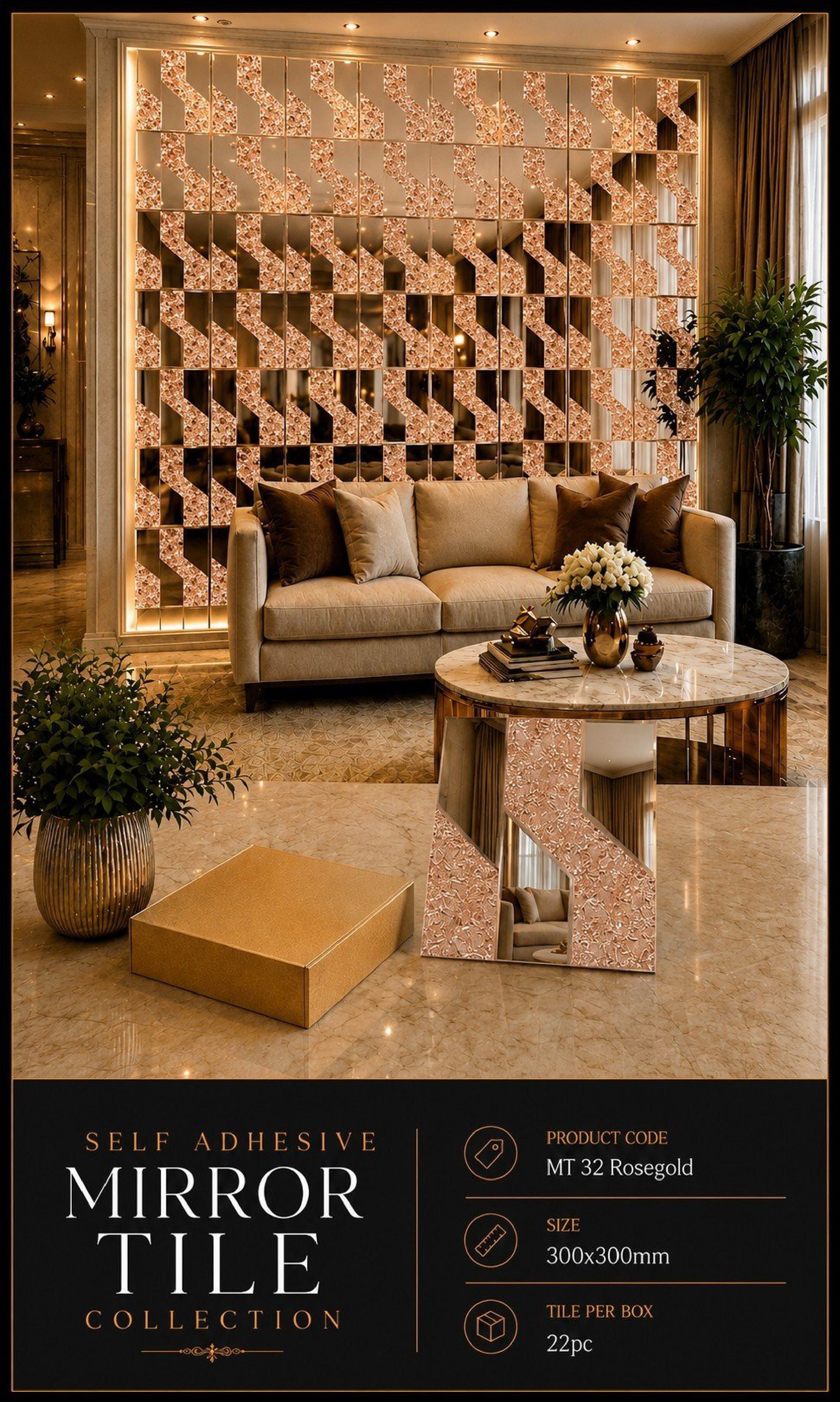 #MT32 ROSEGOLD Exclusive Mirror Glass Mosaic Tile Rose Gold (Min 22 pcs)