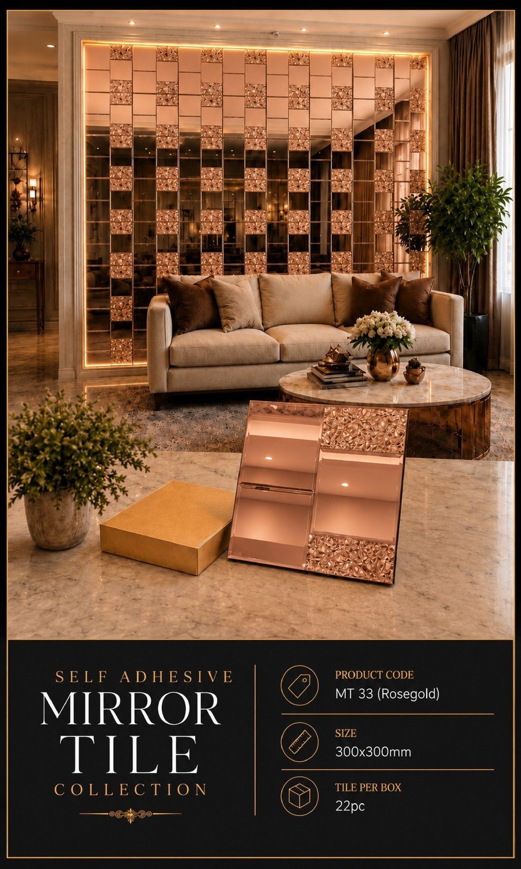 #MT33 ROSE GOLD Exclusive Mirror Glass Mosaic Tile Rose Gold (Min 22 pcs)