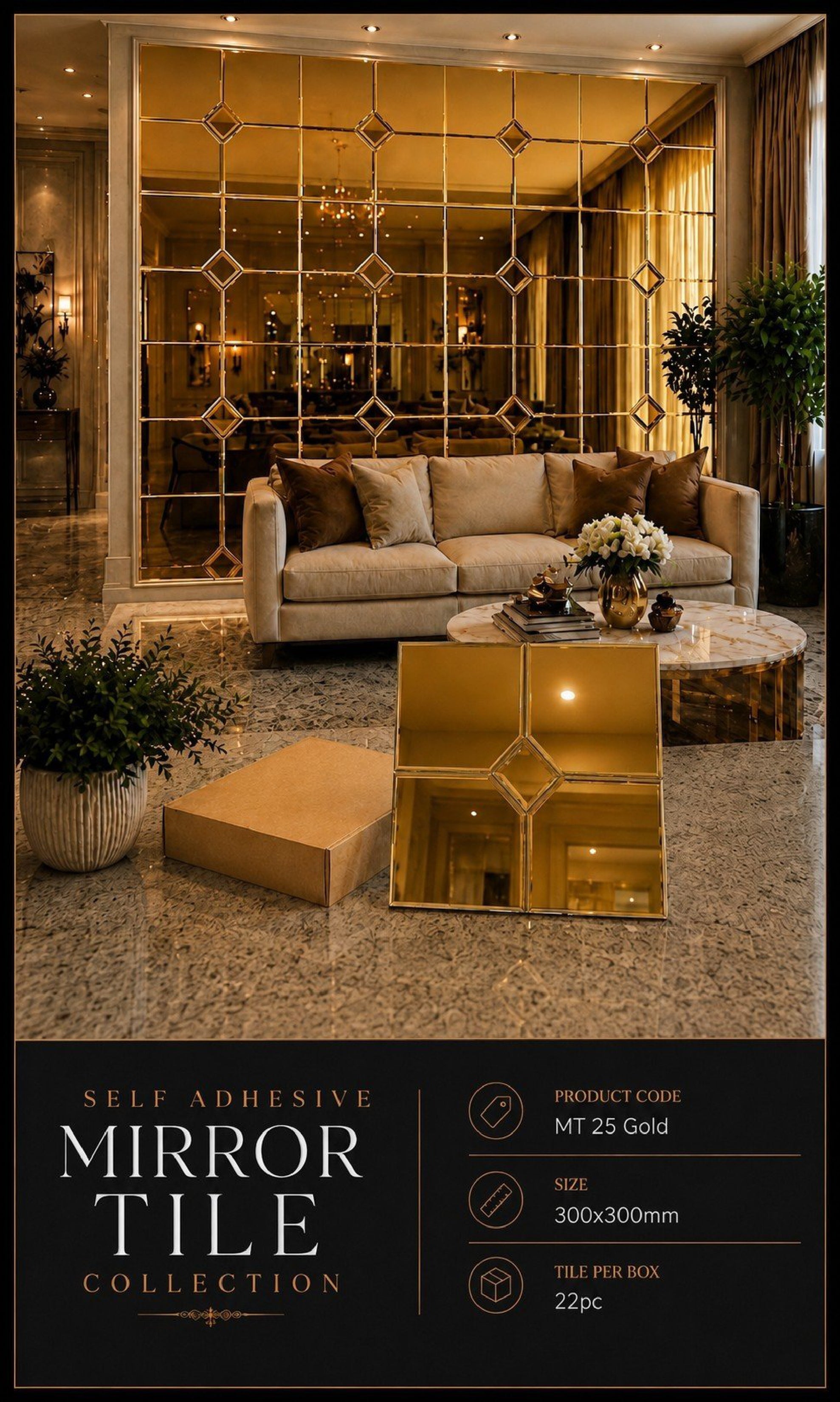 #MT25 Gold Stylish Glass Mirror Mosaic Tile (Min 22pcs) (1 Tile Coverage Area 1 Sq Ft)