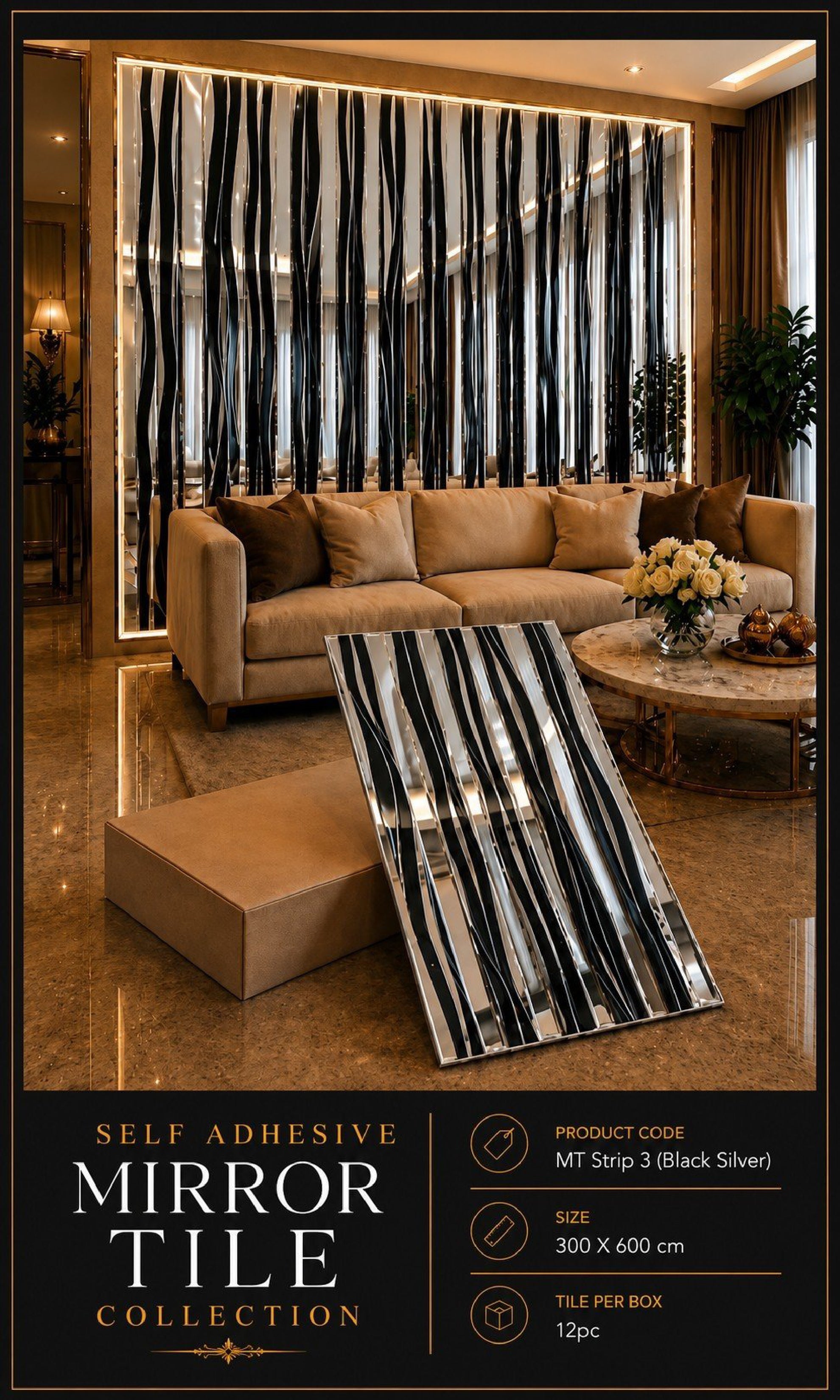 MtStrip3-Self adhesive Mosaic Black Silver Fluted Mirror Panels (Min 12PCS) (Size 12x24 inches)