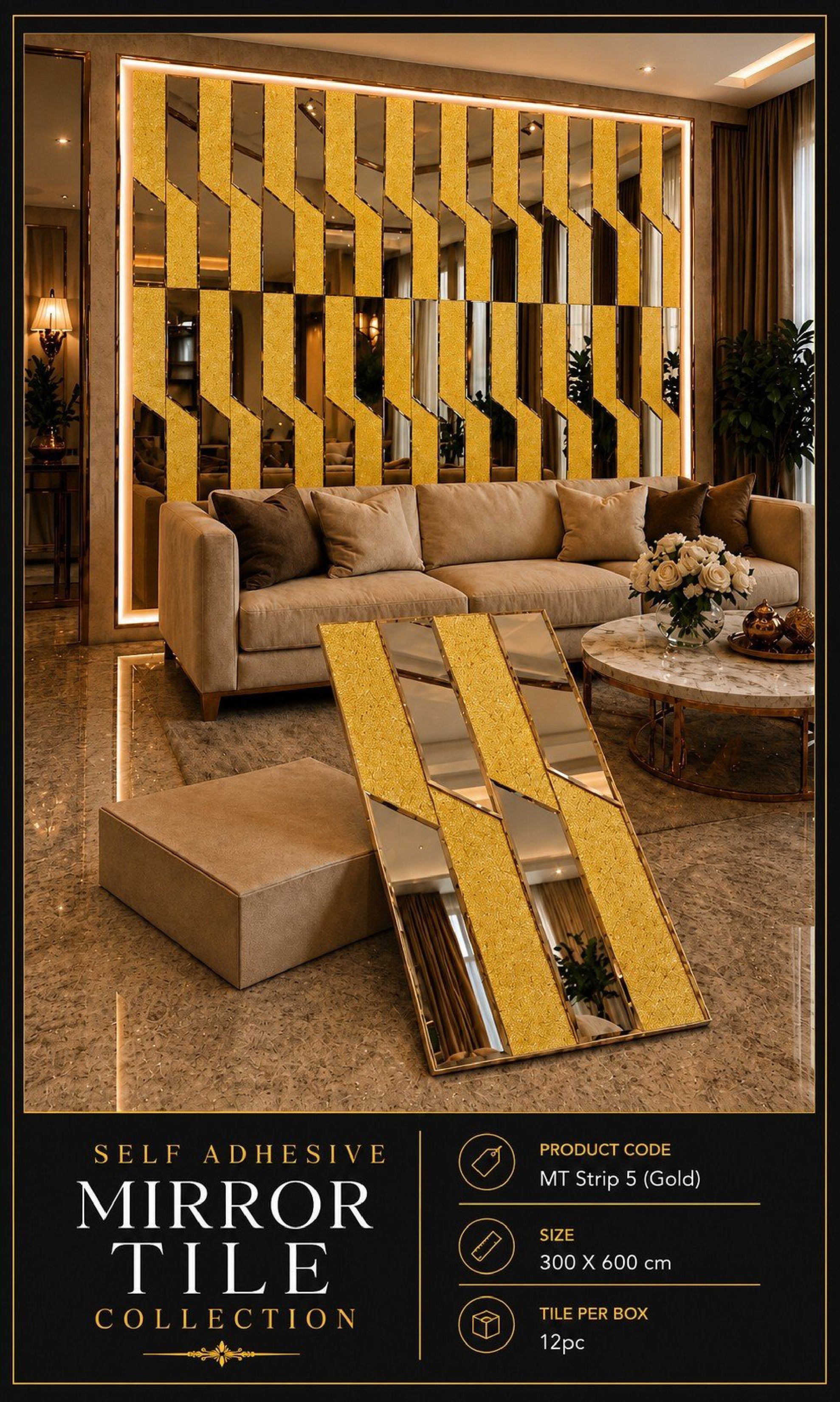 MTStrip5- Self adhesive Mosaic Fluted Mirror Panels (Min 12PCS) (Size 12x24 inches)