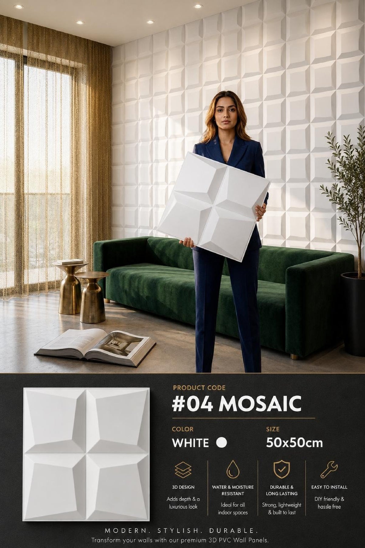 #04 Mosaic 3D PVC Without Mirror Panel - 5 colors option - (Size 50*50cm) - MOQ 10Pcs
