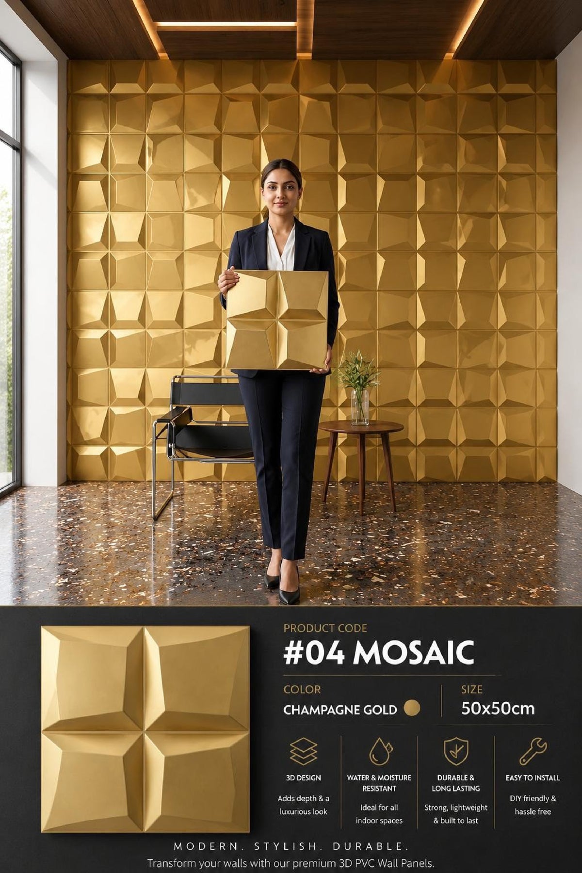 #04 Mosaic 3D PVC Without Mirror Panel - 5 colors option - (Size 50*50cm) - MOQ 10Pcs