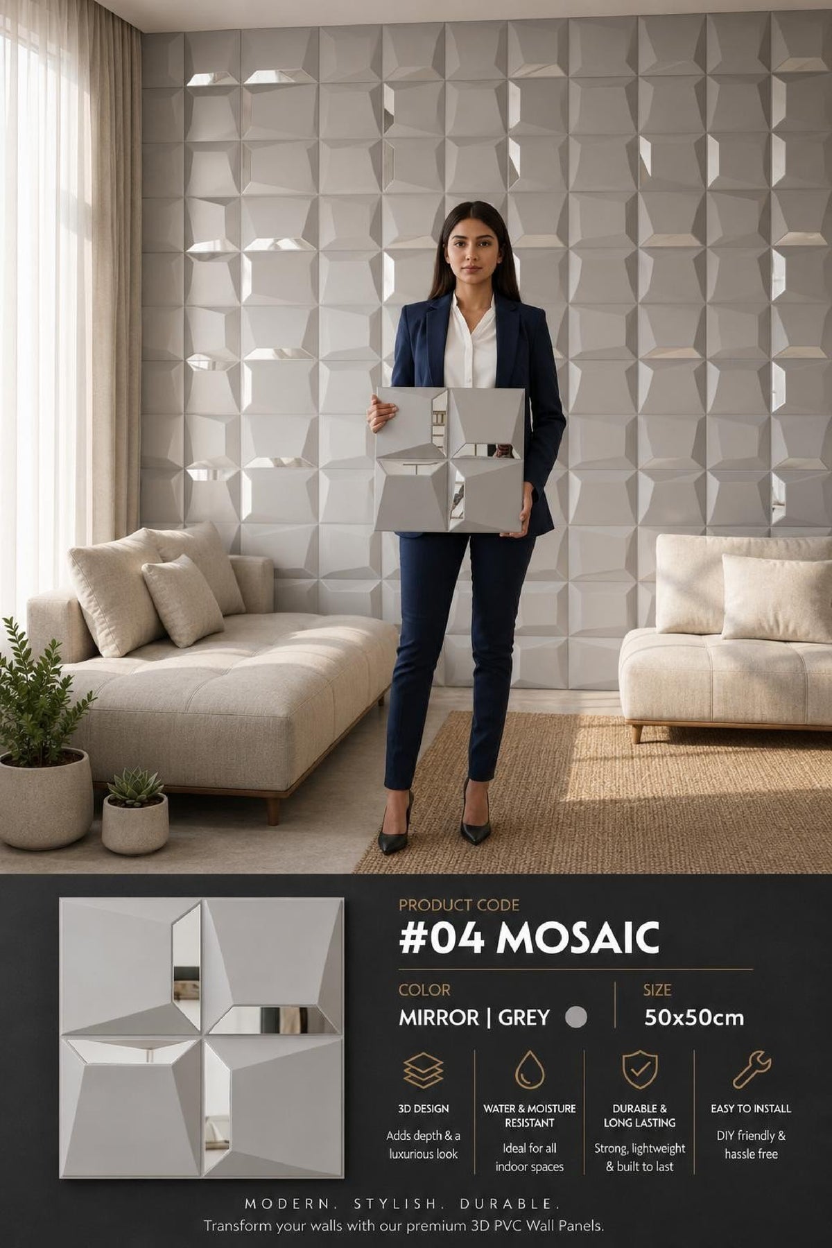 #04 Mosaic 3D PVC Mirror Panel - 5 colors option - (Size 50*50cm) - MOQ 10Pcs