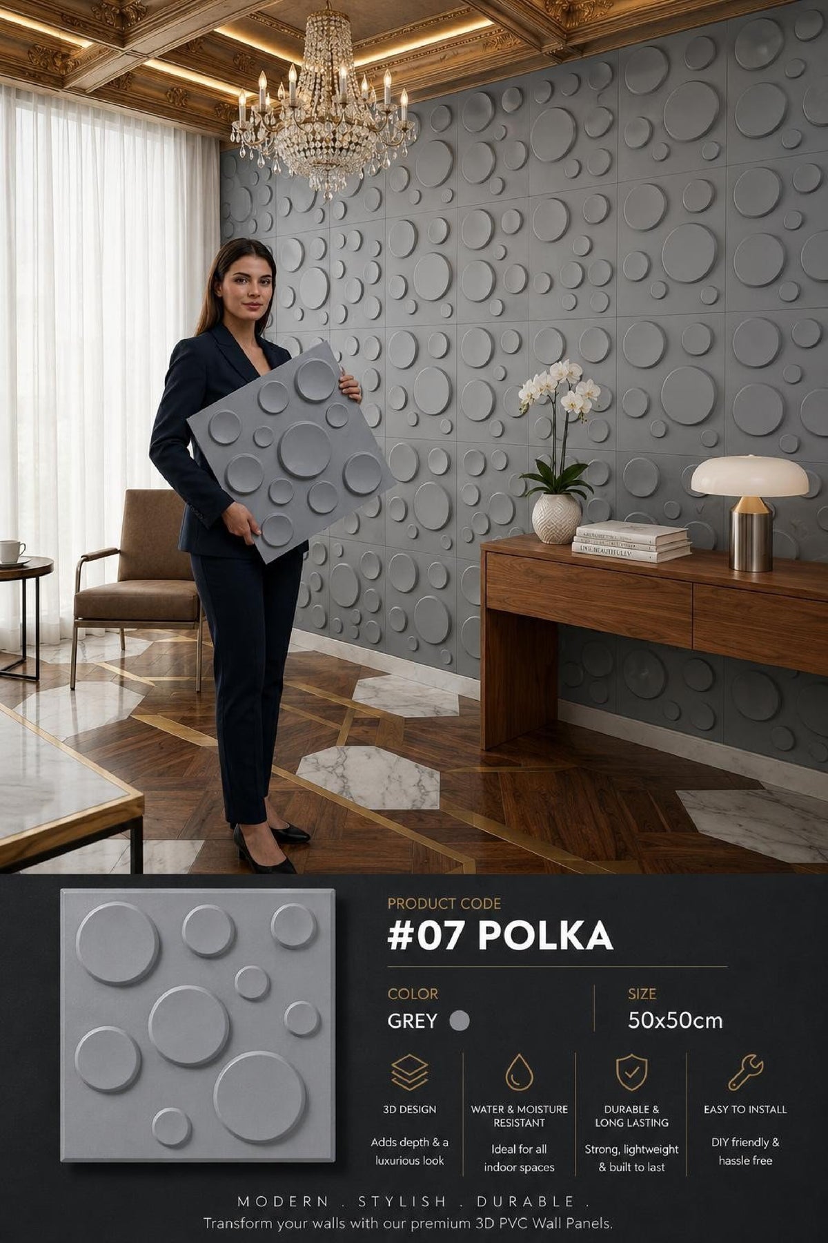 #07 Polka Dots 3D PVC Panel (Without Mirror)- 5 colors option - (Size 50*50cm)- MOQ 10Pcs