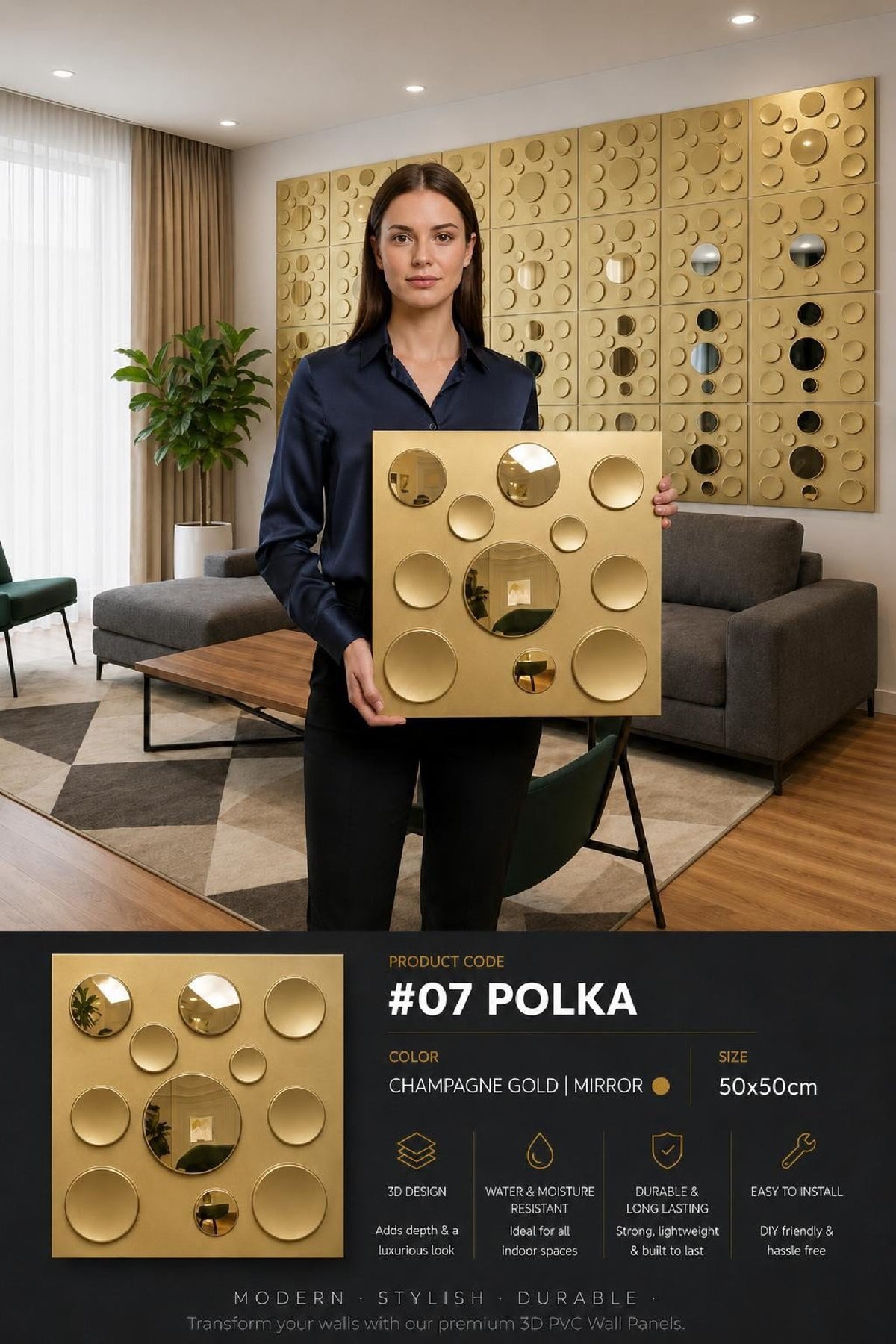 #07 Polka Dots 3D PVC Panel (Mirror) - 5 colors option - (Size 50*50cm) - MOQ 10Pcs