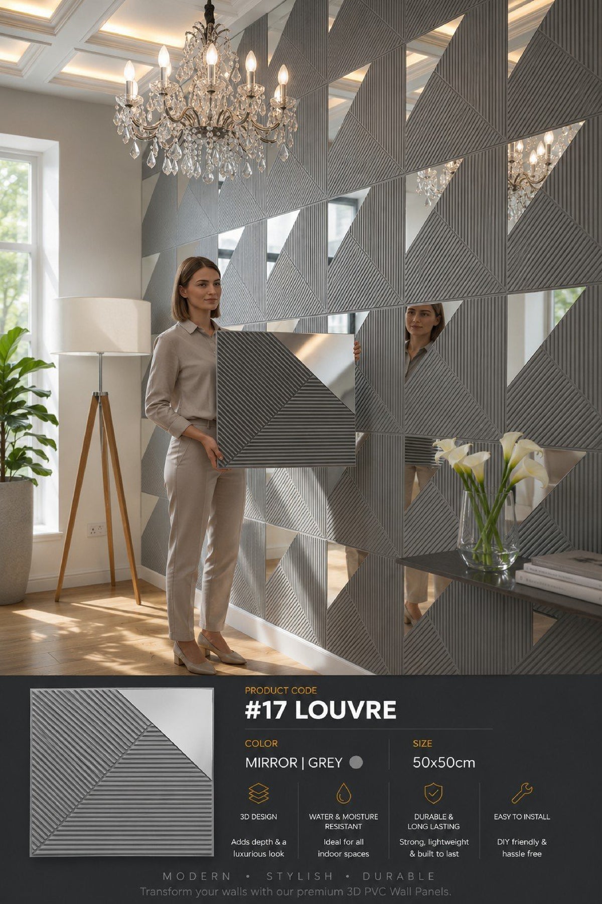 #17 Louvre Mirror Wall PVC Panels - 4 colors option - (Size 50*50cm) - MOQ 10Pcs