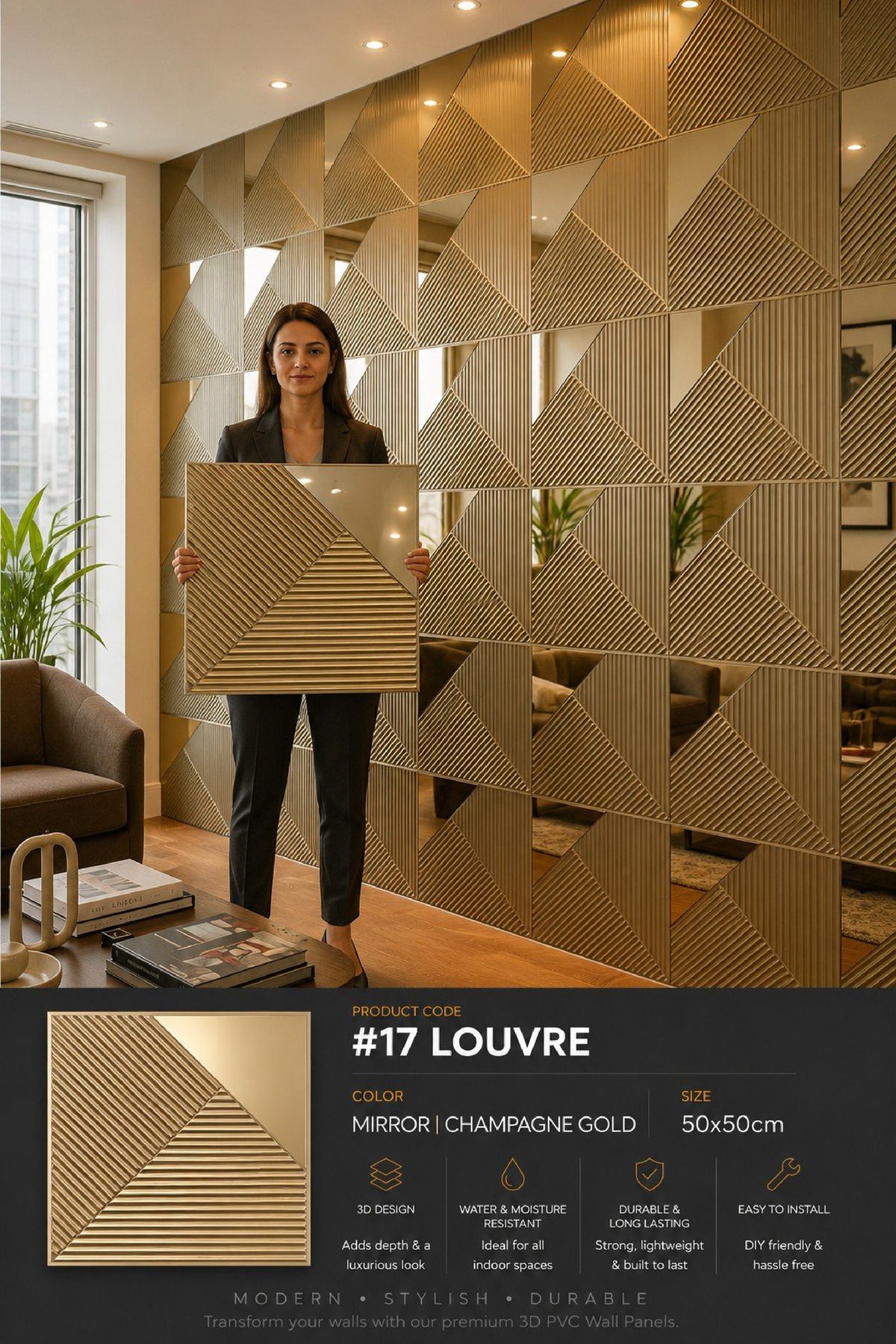 #17 Louvre Mirror Wall PVC Panels - 4 colors option - (Size 50*50cm) - MOQ 10Pcs