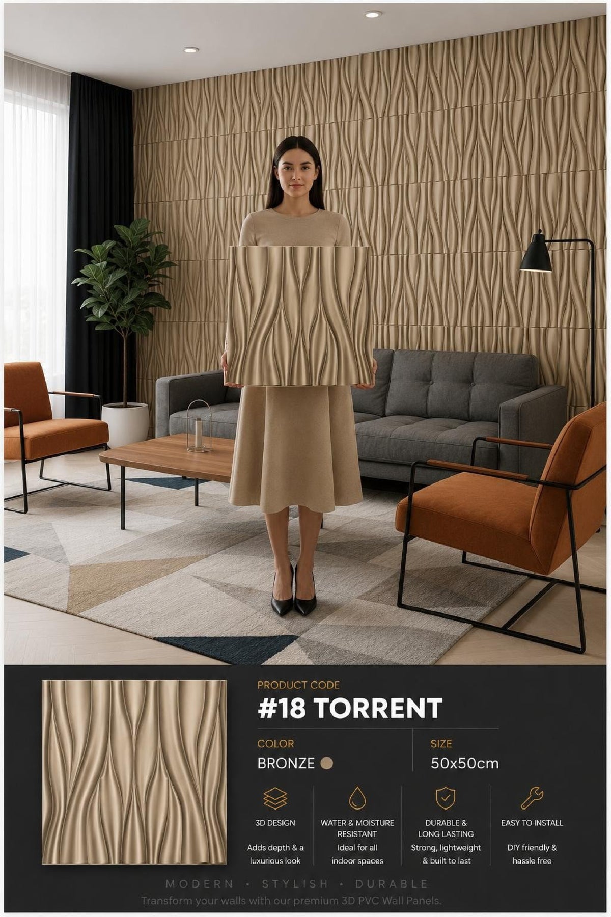 #18 Torrent 3D PVC Panel - 4 colors options - (Size 50*50cm) - MOQ 10Pcs