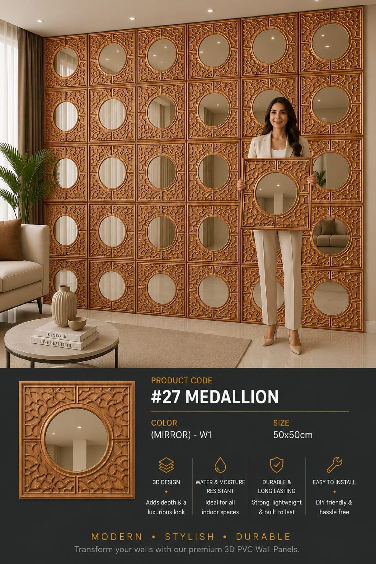 #26 Medallion 3D PVC Mirror Panel - 4 colors option - (Size 50*50cm) - MOQ 10Pcs