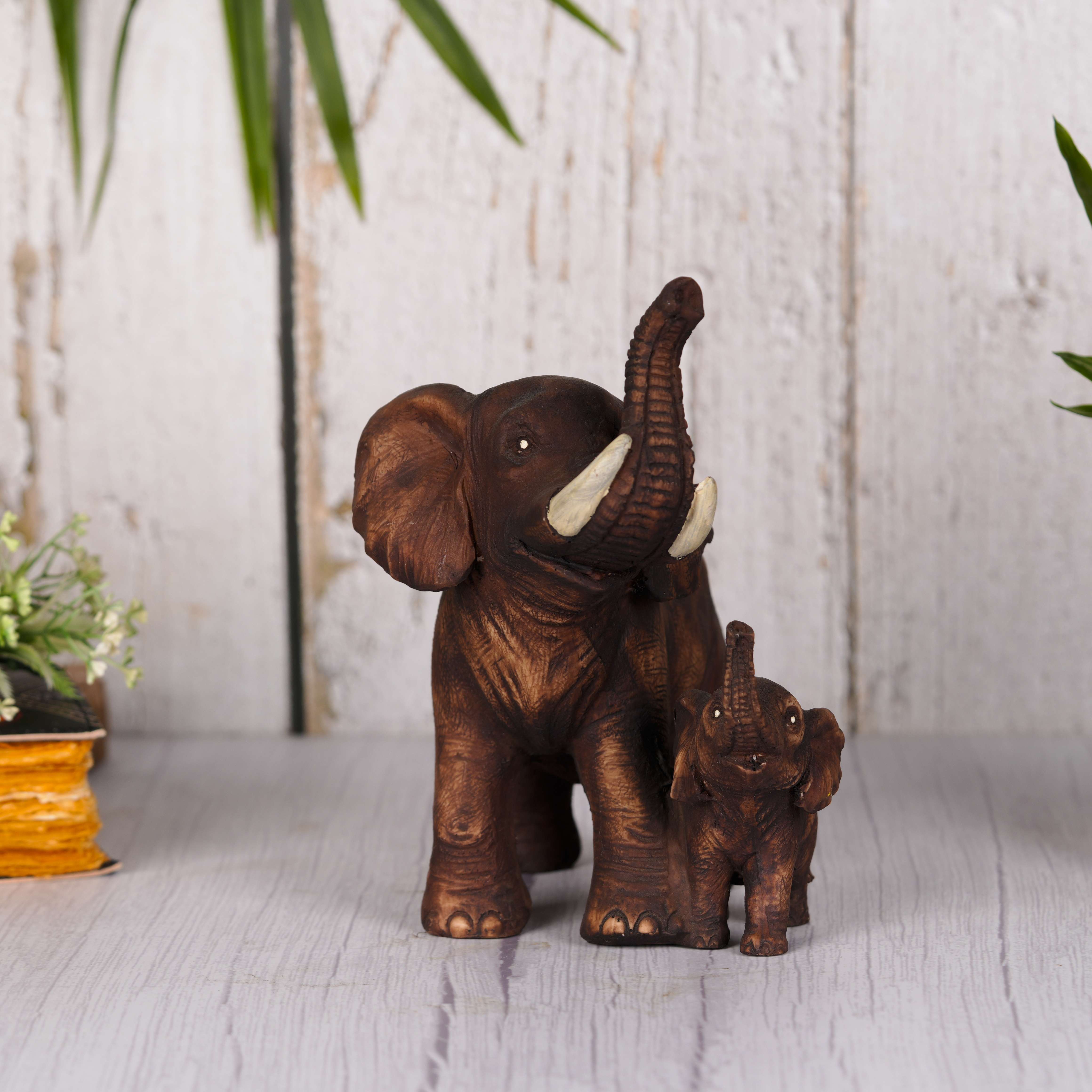 Swastik Creations Brown Poly Resin Mother & Baby Elephant' 8 Inches Set of 1 Showpiece Mother & Baby Elephant Figurine for Home Decor Living Room Office Home