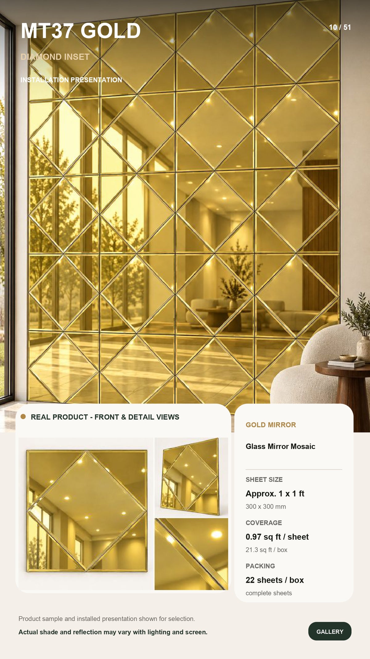 #MT37 Gold Glass Mirror Mosaic Tile (MOQ 22 pc) (1 Tile Coverage Area 0.9 Sq Ft)