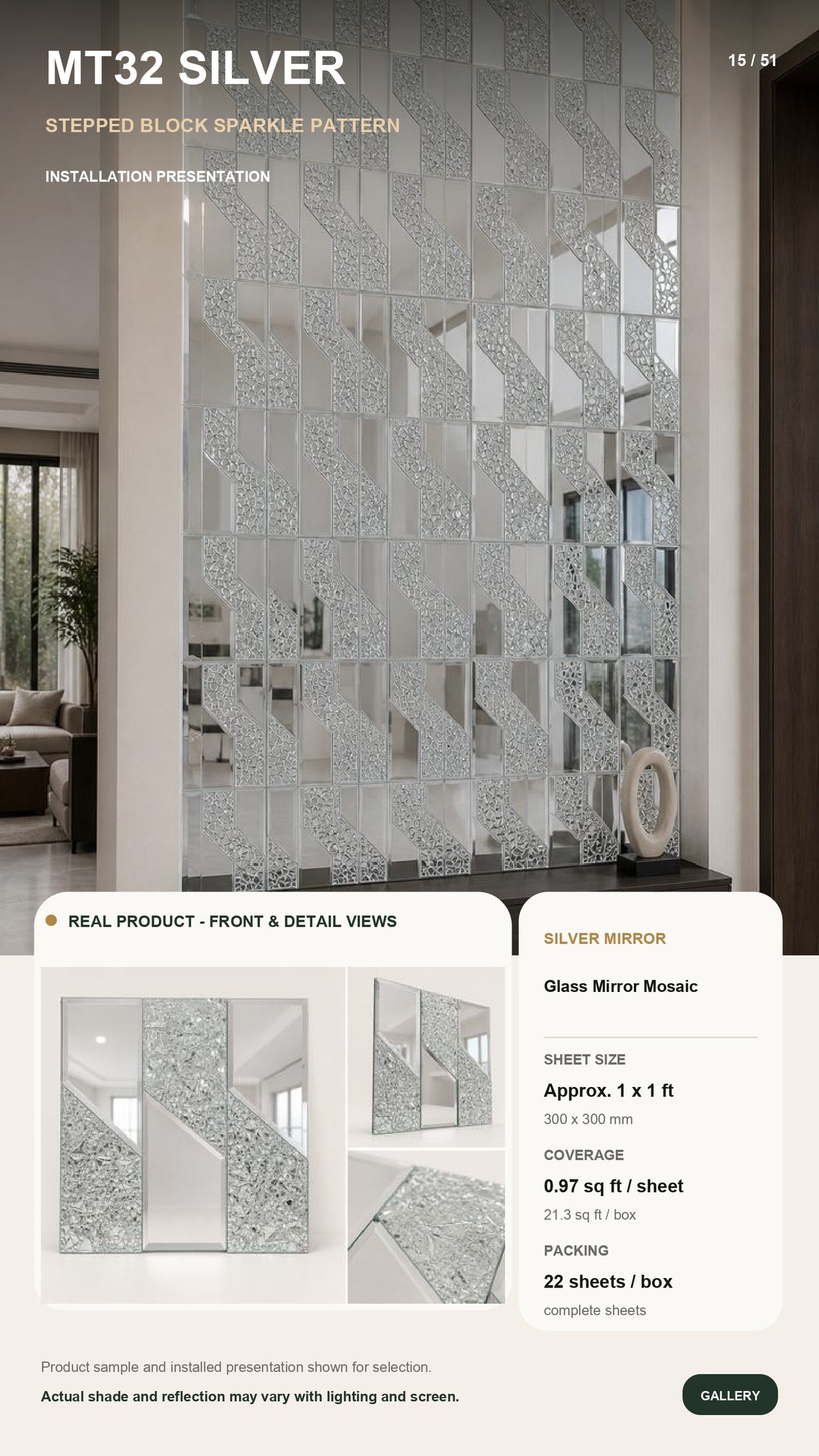 #MT32 SILVER Exclusive Mirror Glass Mosaic Tile Silver (MOQ 22 pcs)