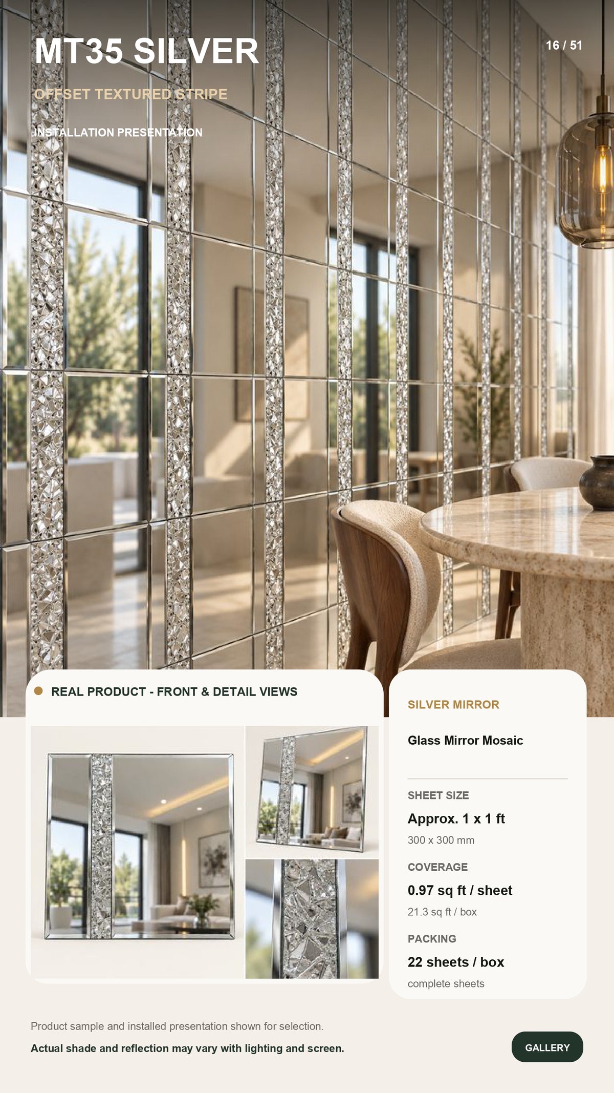 #MT35 Silver Glass Mirror Mosaic Tile (MOQ 22 pc) (1 Tile Coverage Area 0.9 Sq Ft) - 4 color options