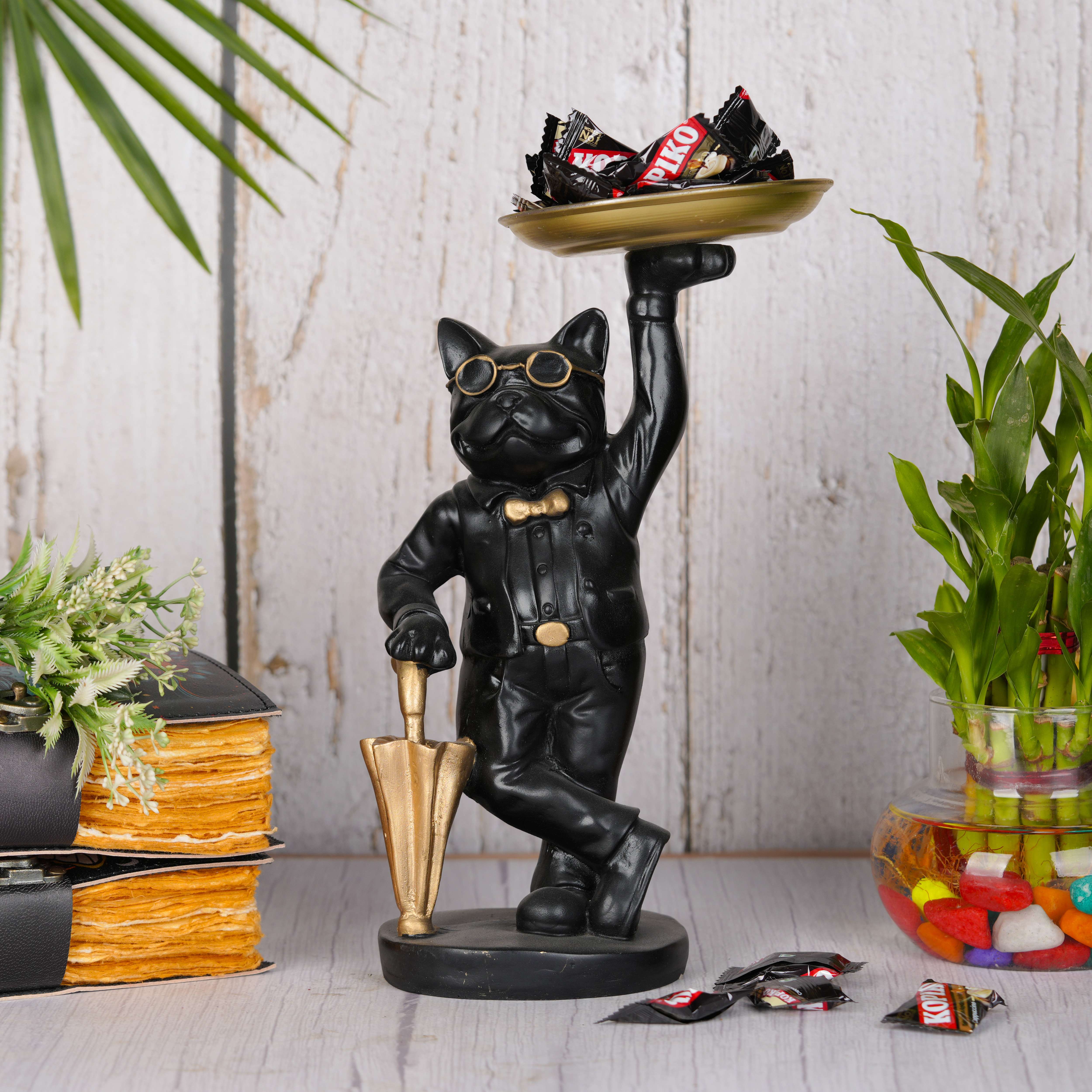 Swastik Creations Cool Dog Showpiece with Plate for Home Decor Item,Kitchen,Bedroom,Office,Dinning Table,Gifts Item (Black Golden) - SWASTIK CREATIONS The Trend Point