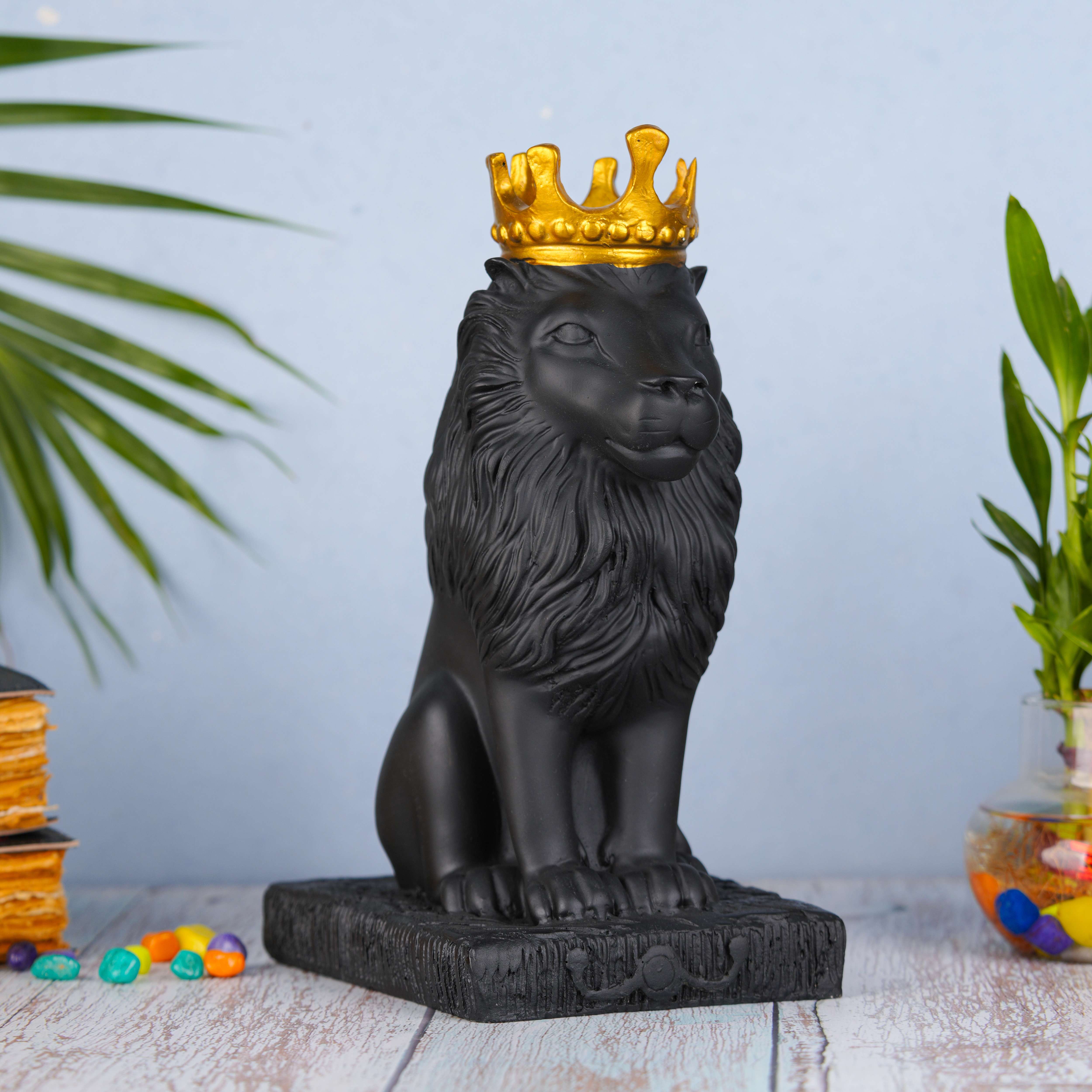 Swastik Creations Lion Statue with Gold Crown, King of The Forest Lion Statue,Glod Crown Lion Figurine Sculpture Animal Decoration (Black) - SWASTIK CREATIONS The Trend Point