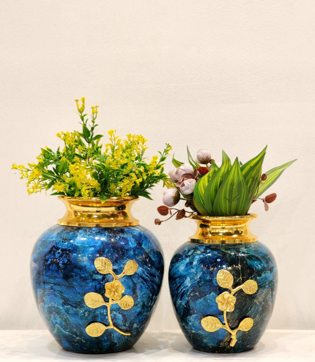 Table Top Blue Metal Vases | Set of 2 - SWASTIK CREATIONS The Trend Point