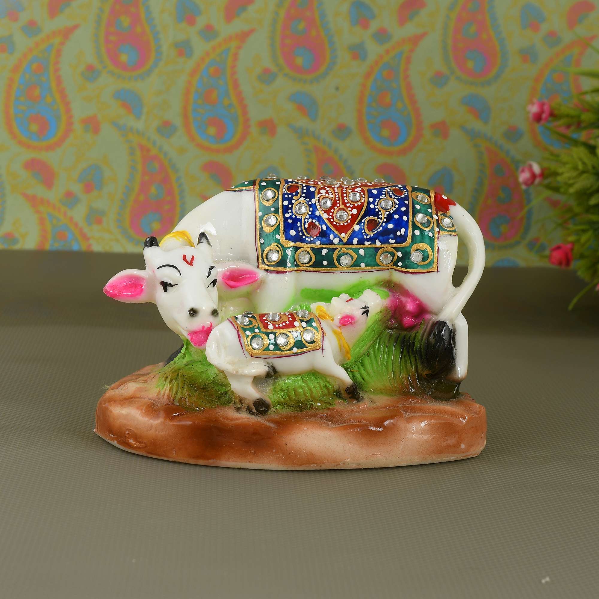 White Marble Kamdhenu Cow and Calf Statue (8.5 cm x 12 cm) (MRC-1) - SWASTIK CREATIONS The Trend Point