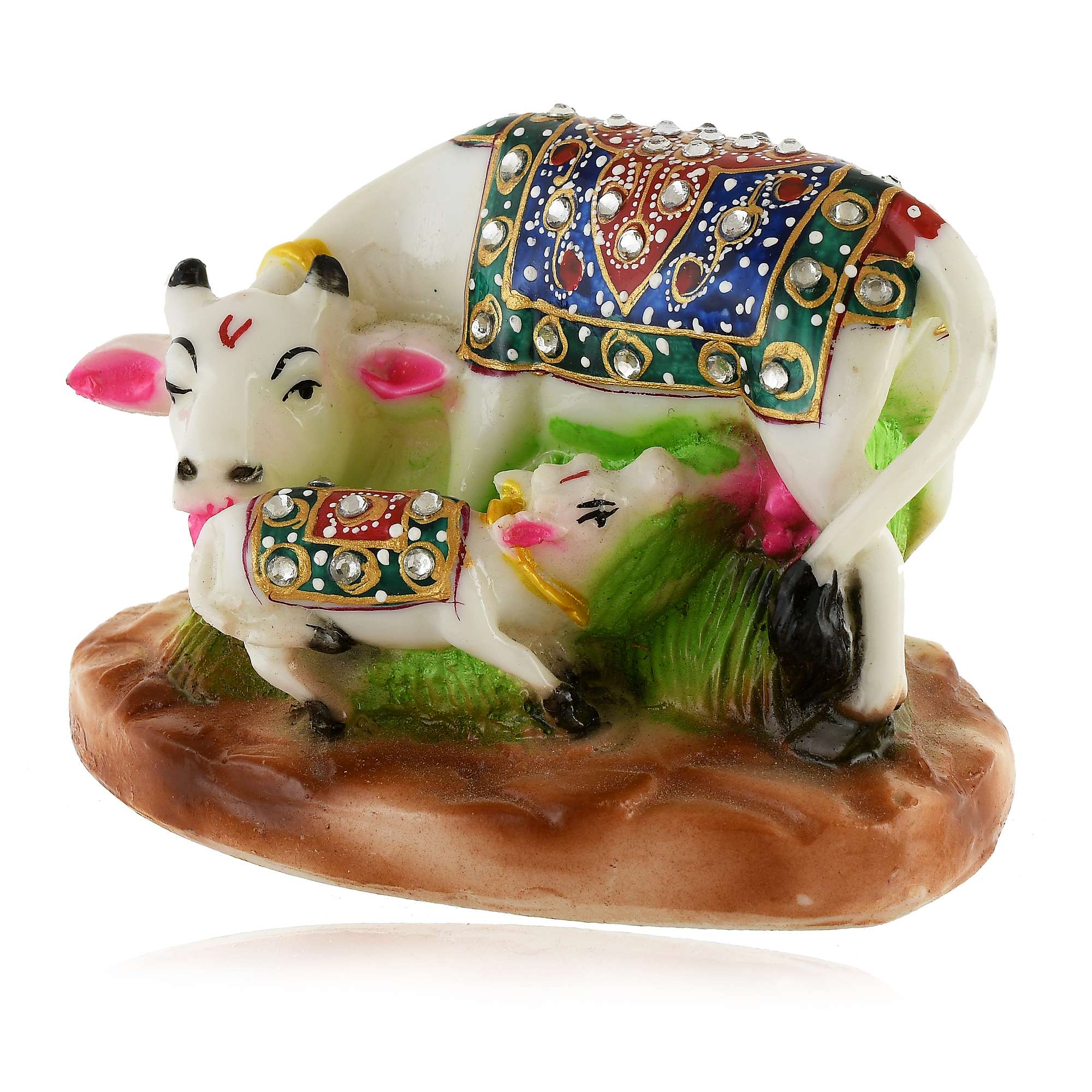 White Marble Kamdhenu Cow and Calf Statue (8.5 cm x 12 cm) (MRC-1) - SWASTIK CREATIONS The Trend Point
