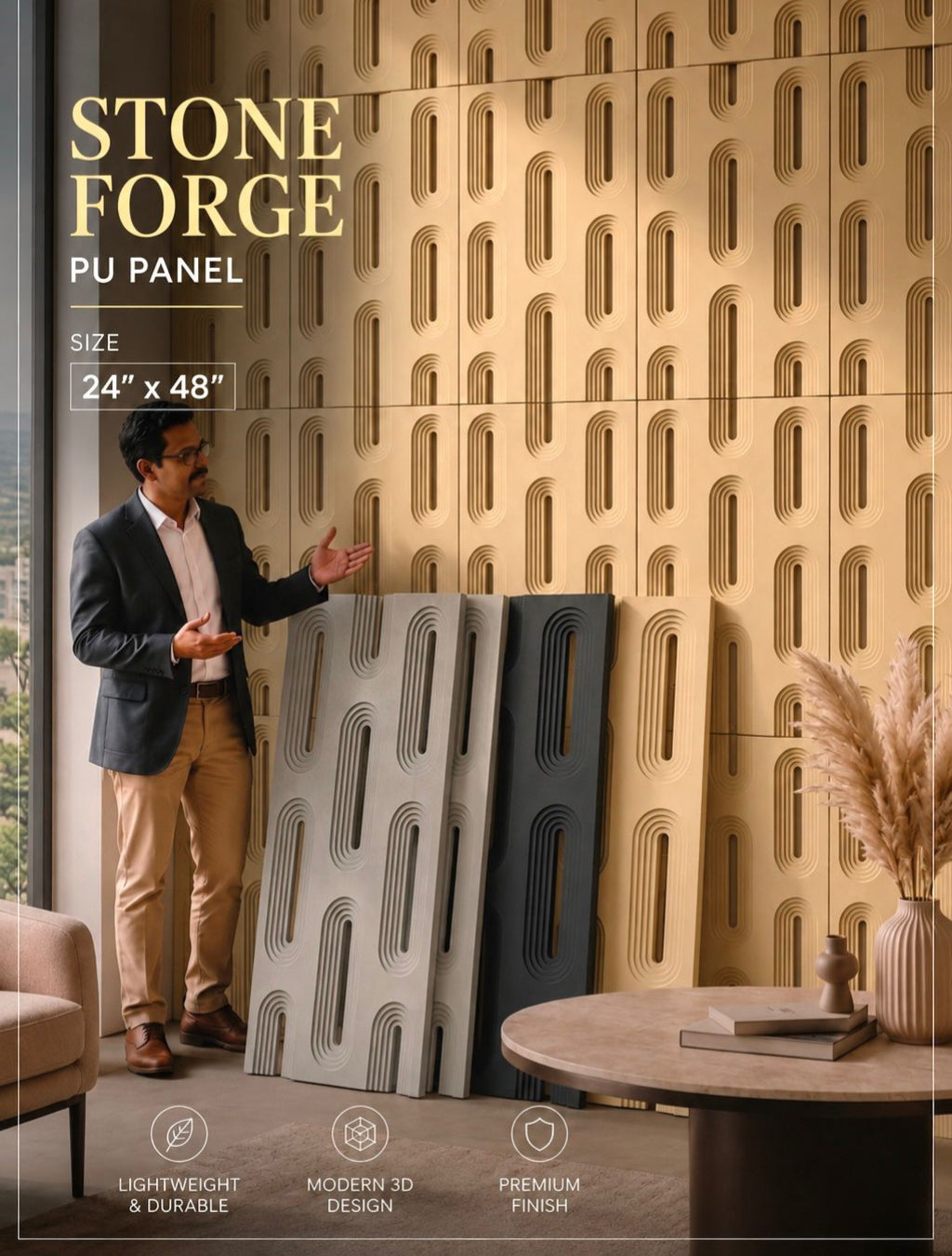 #StoneForge 109 Mirror - PU Panels Fluted Cutout Design- 40mm thickness - Size 2x4ft - 5 color options