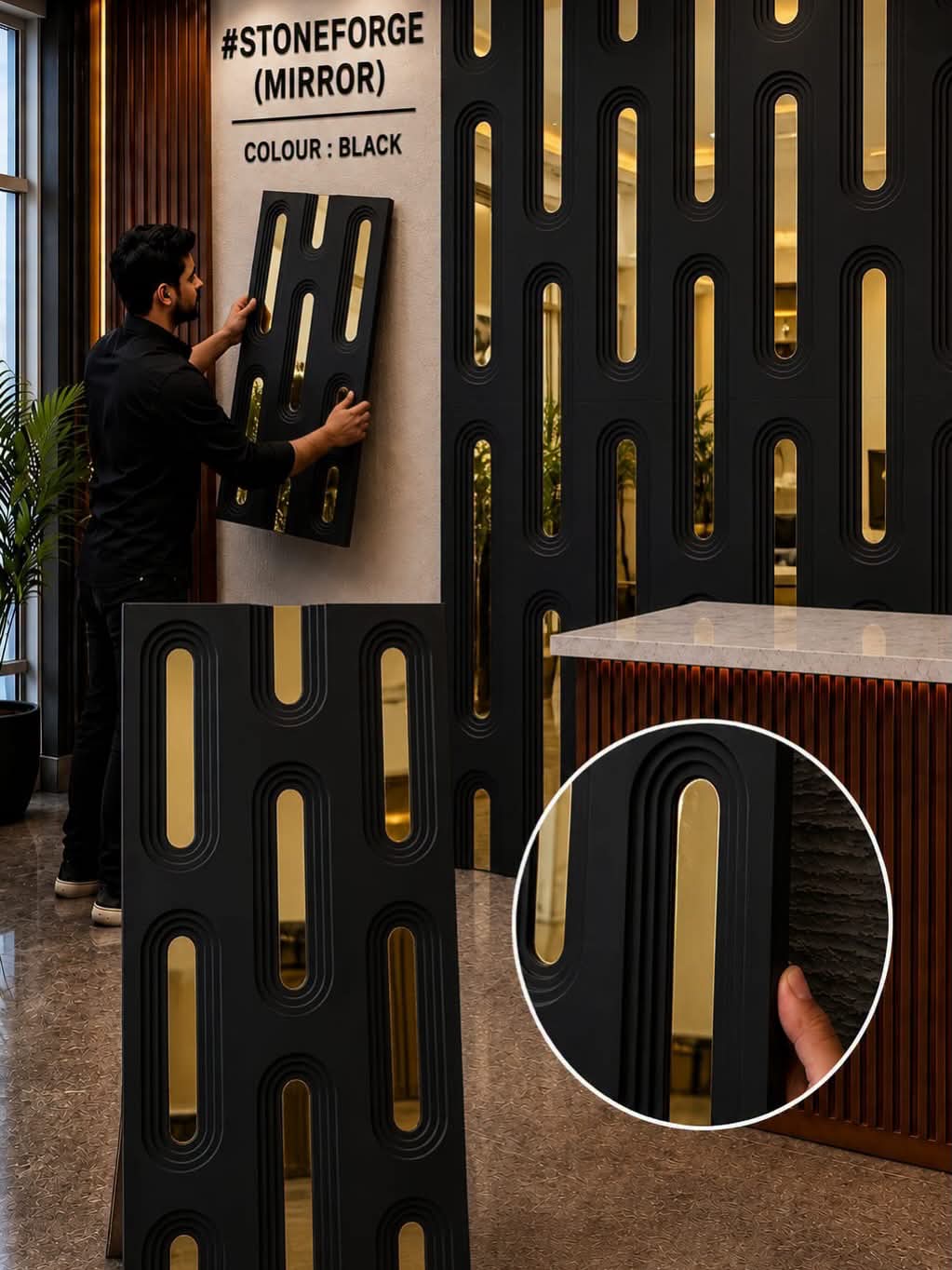#StoneForge 109 Mirror - PU Panels Fluted Cutout Design- 40mm thickness - Size 2x4ft - 5 color options - Min 8Pcs
