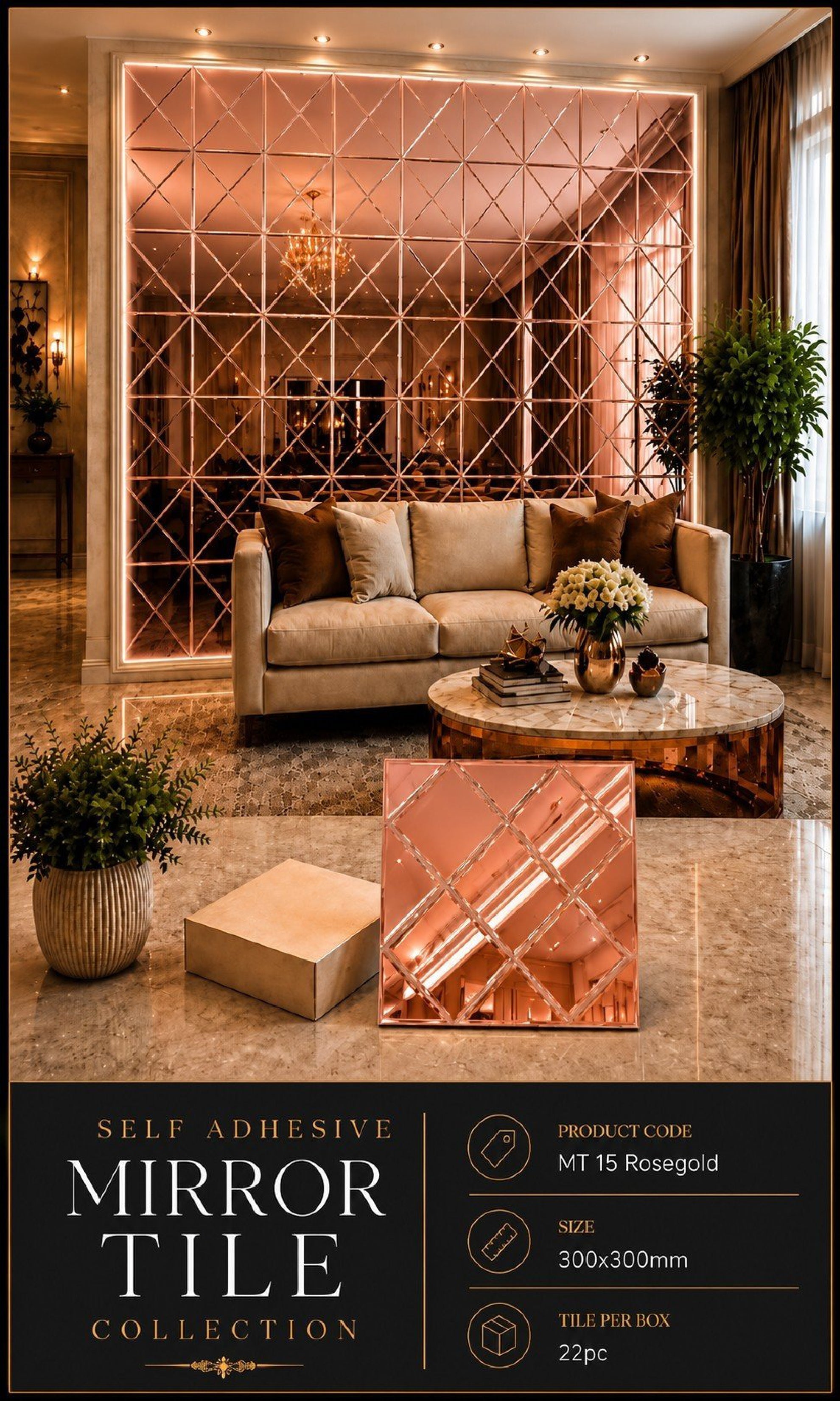 #MT15 Rose Gold Self Adhesive Glass Mosaic Tile (Min 22pcs)