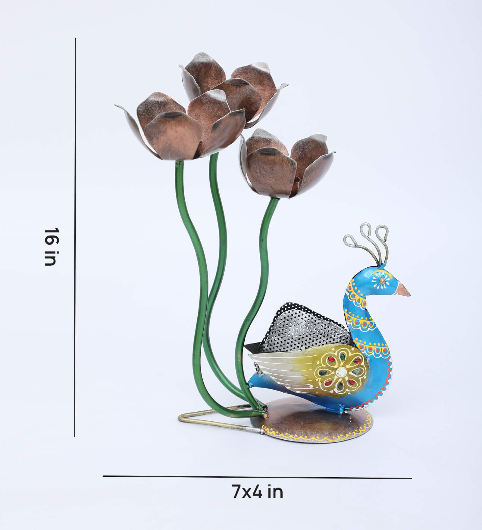 Decorative Flower Peacock Multicolour Metal Table Tea Light Holder