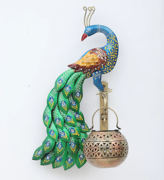 Decorative Peacock Multicolour Iron Wall Hanging Tea Light Holder