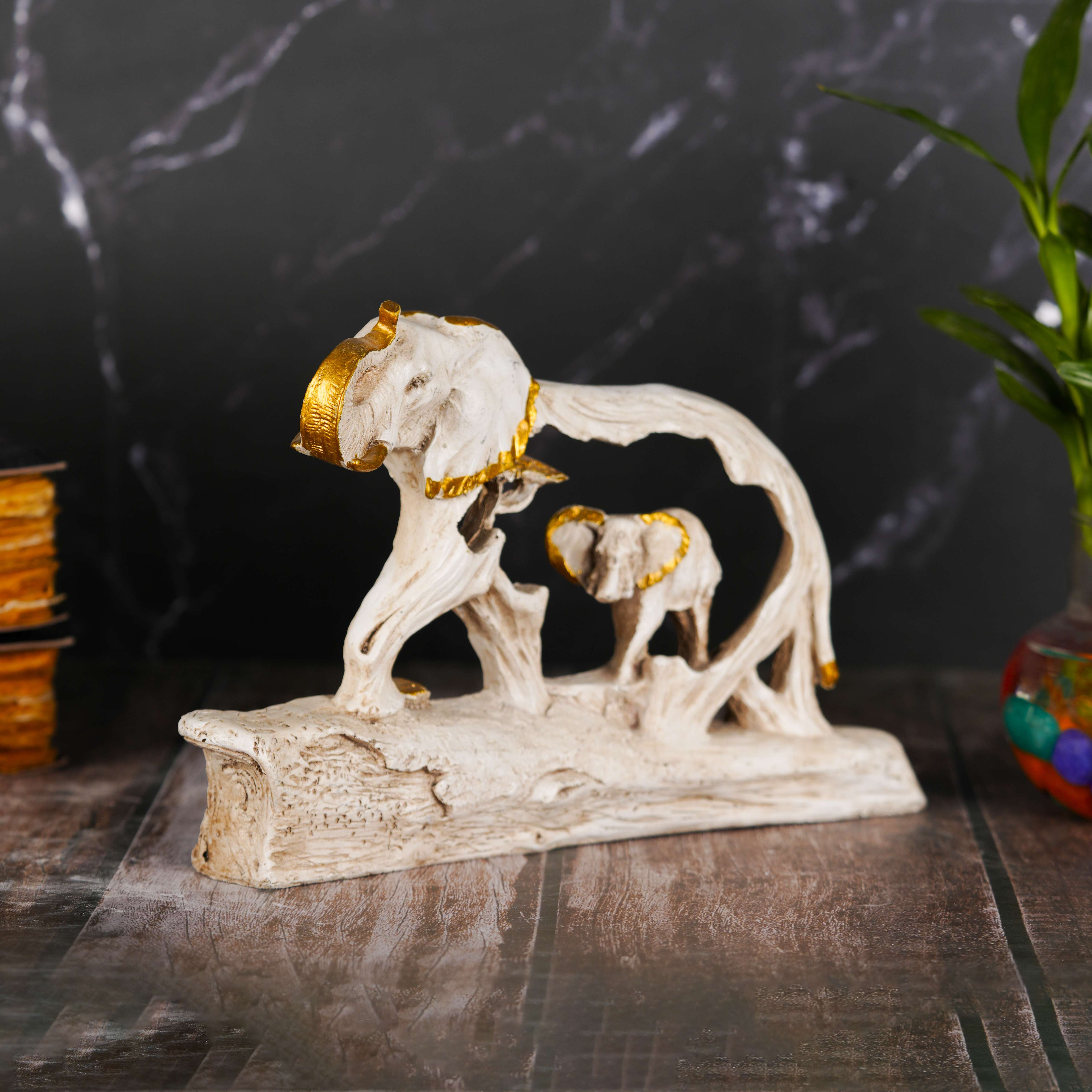 Swastik Creations Mother and Child Elephant Showpiece Elephant Figurine Statue Showpiece with Baby Elephant On Wooden Base Showpieces for Home Decor