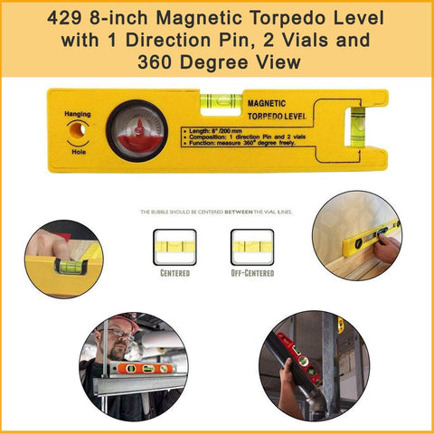 0429 8-inch Magnetic Torpedo Level with 1 Direction Pin, 2 Vials and 360 Degree View - SWASTIK CREATIONS The Trend Point