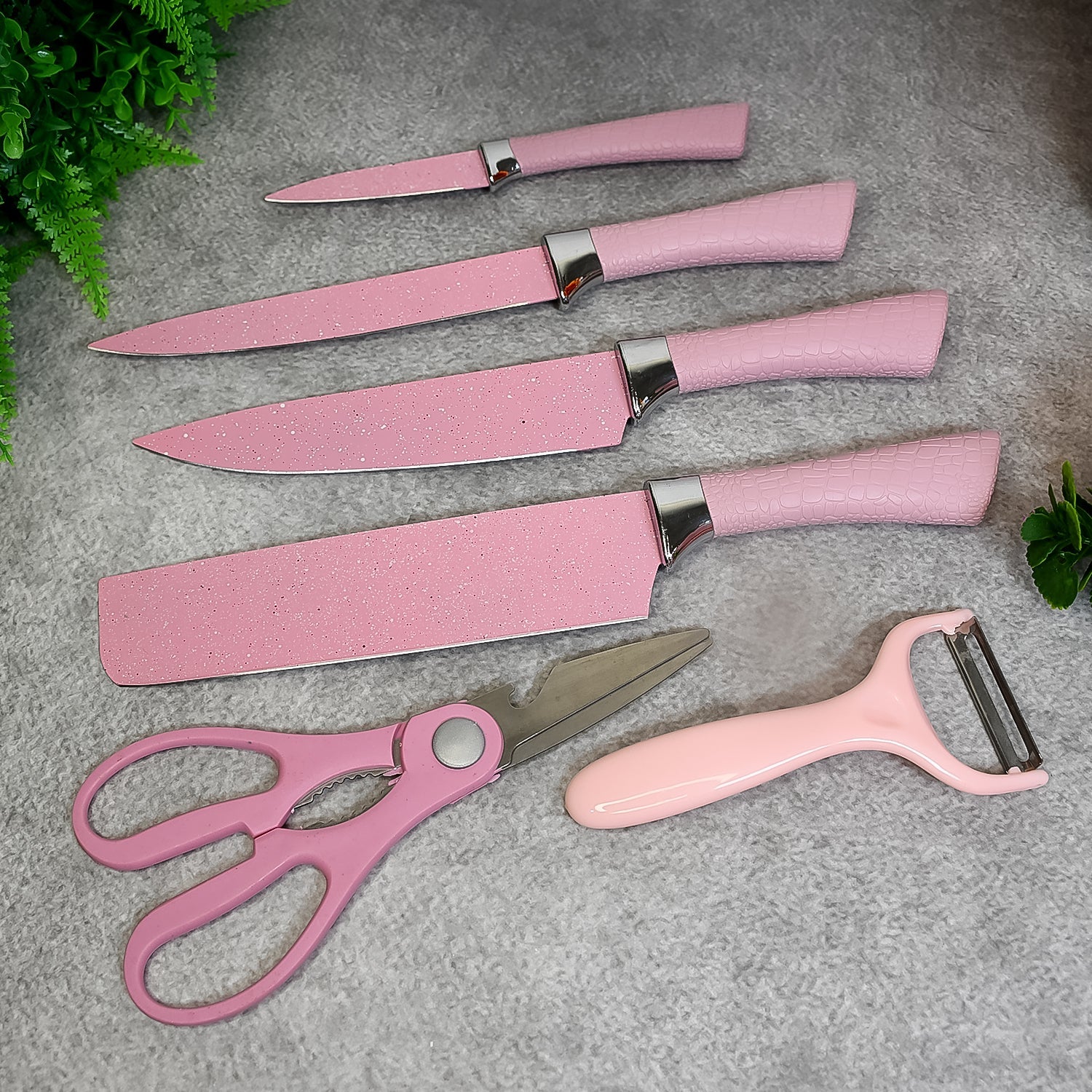 Stainless Steel Non Stick Ceramic Coating 6 Pcs Chef Kitchen Knife Set with Scissor & Peeler