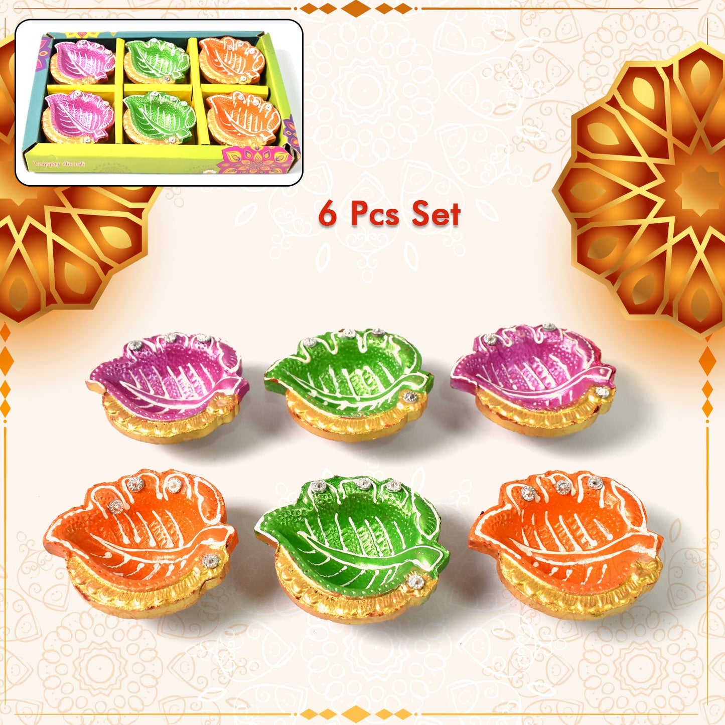 Decorative Hand Painted Clay Puja Diya for Diwali Home Indoor Outdoor Handmade Diya (6 Pcs Set/ Mix Design) SWASTIK CREATIONS The Trend Point