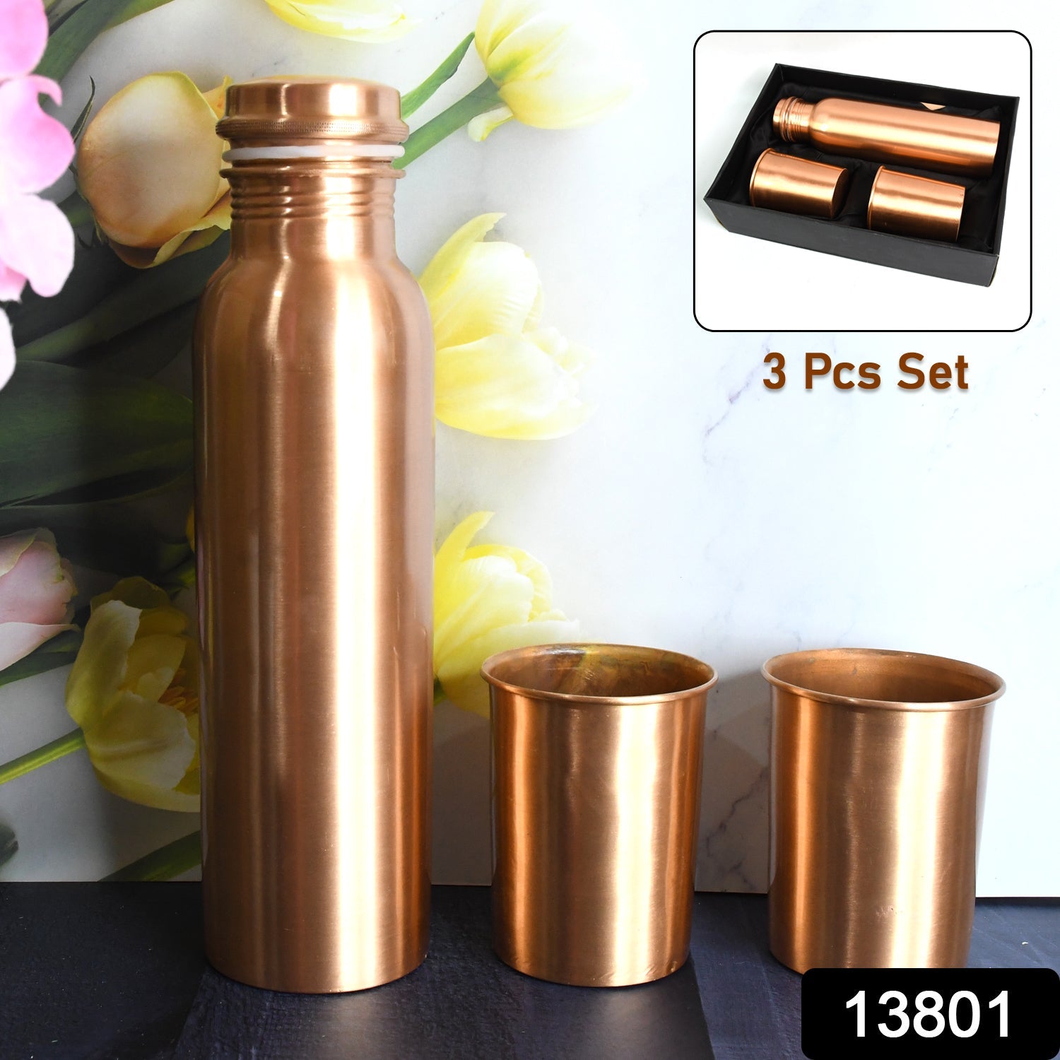 Copper Water Bottle 2 Glasses with Gift Box (3 Pcs Set)