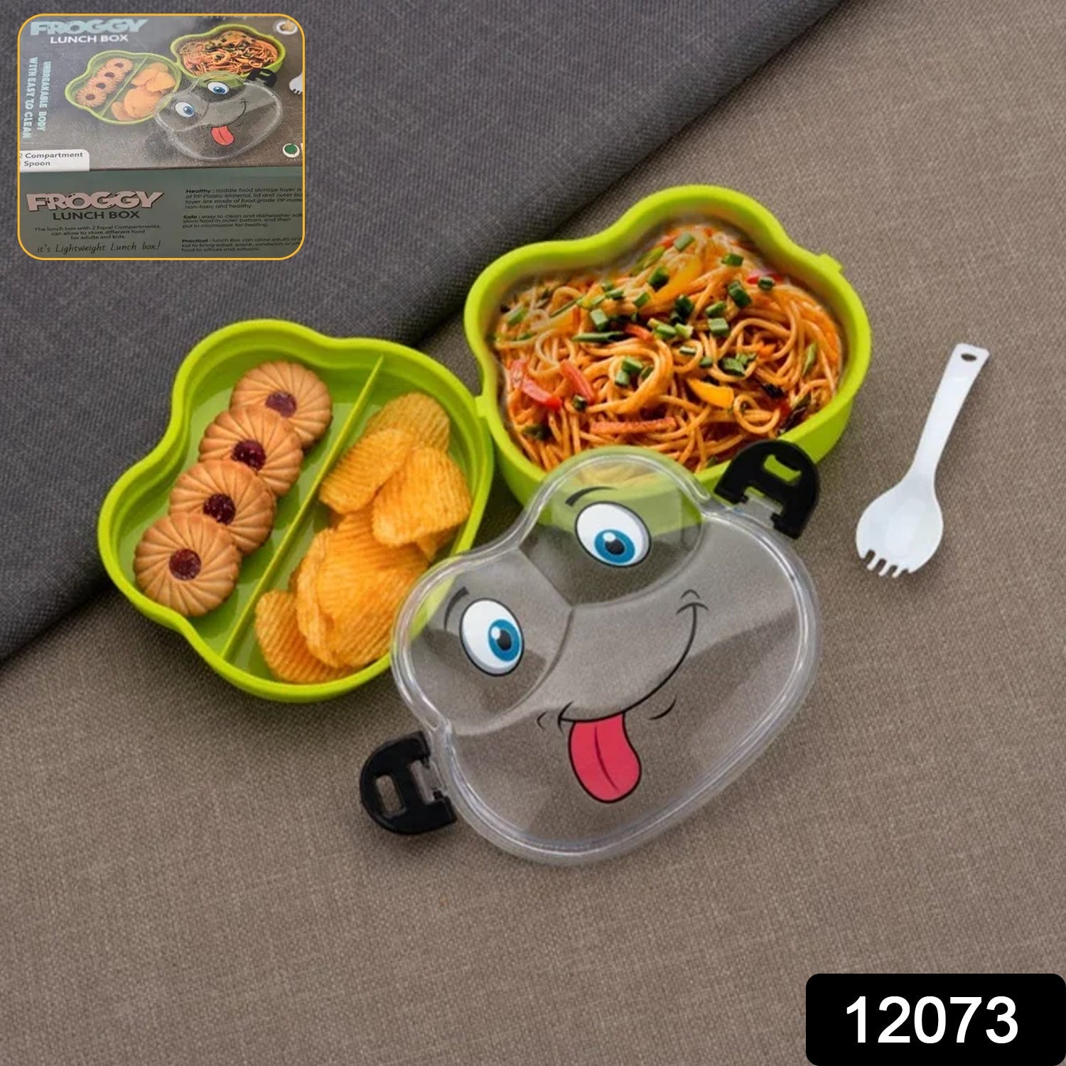 Double Layer Froggy Shape Lunch Box with Spoon (1 Pc / Mix Color)