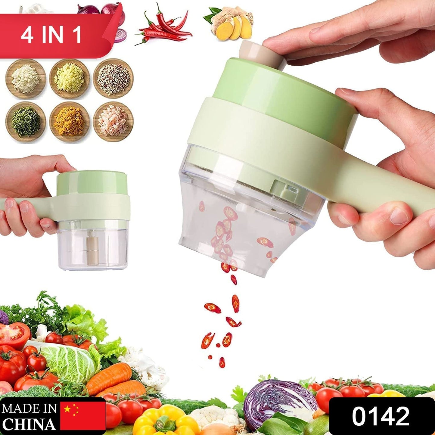 0142 4 in 1 Electric Handheld Cooking Hammer Vegetable Cutter Set Electric Food Chopper Multifunction Vegetable Fruit Slicer DeoDap SWASTIK CREATIONS The Trend Point