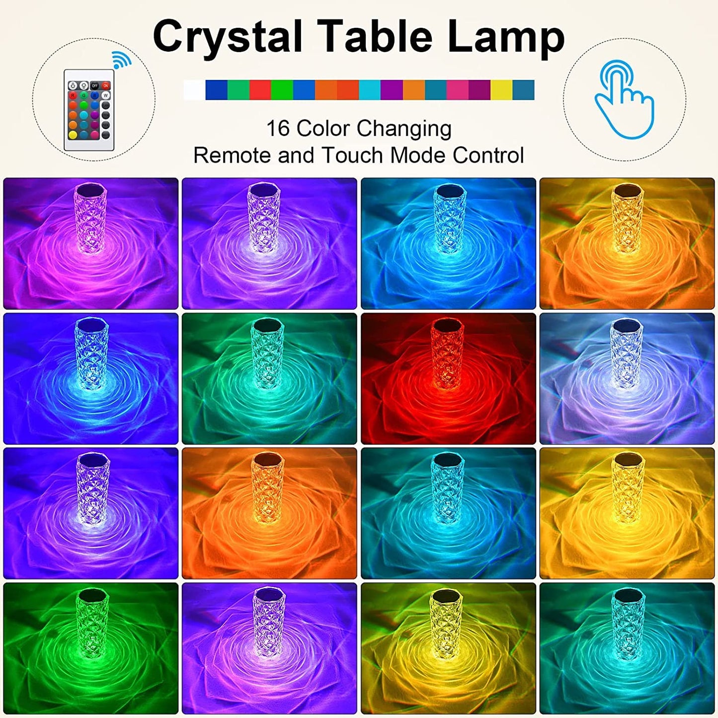 Crystal Touch Night Light (16 Colors) - Rose Diamond Table Lamp with Remote Control, USB Table Lamp, Romantic Date Lighting Decor for Festival, Bedroom, Dining Room SWASTIK CREATIONS The Trend Point