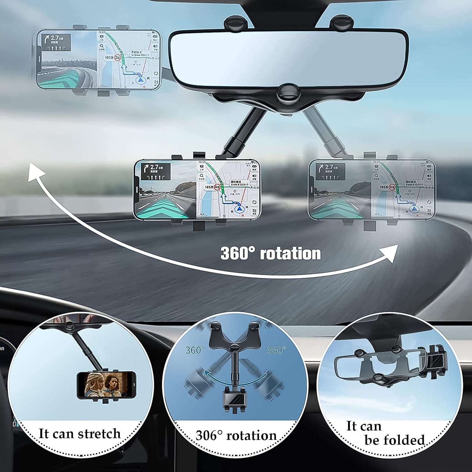 360 ° Rotating Car Rear View Mirror Phone Holder (1 Pc)