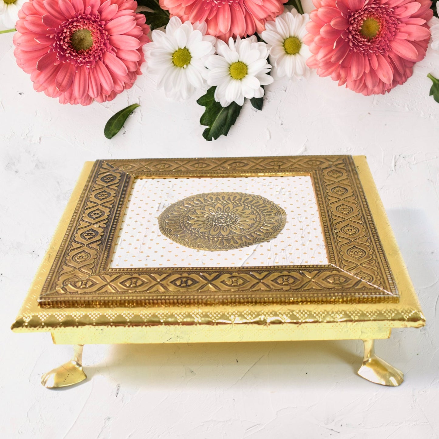 Traditional Gold-Plated Pooja Chowki SWASTIK CREATIONS The Trend Point