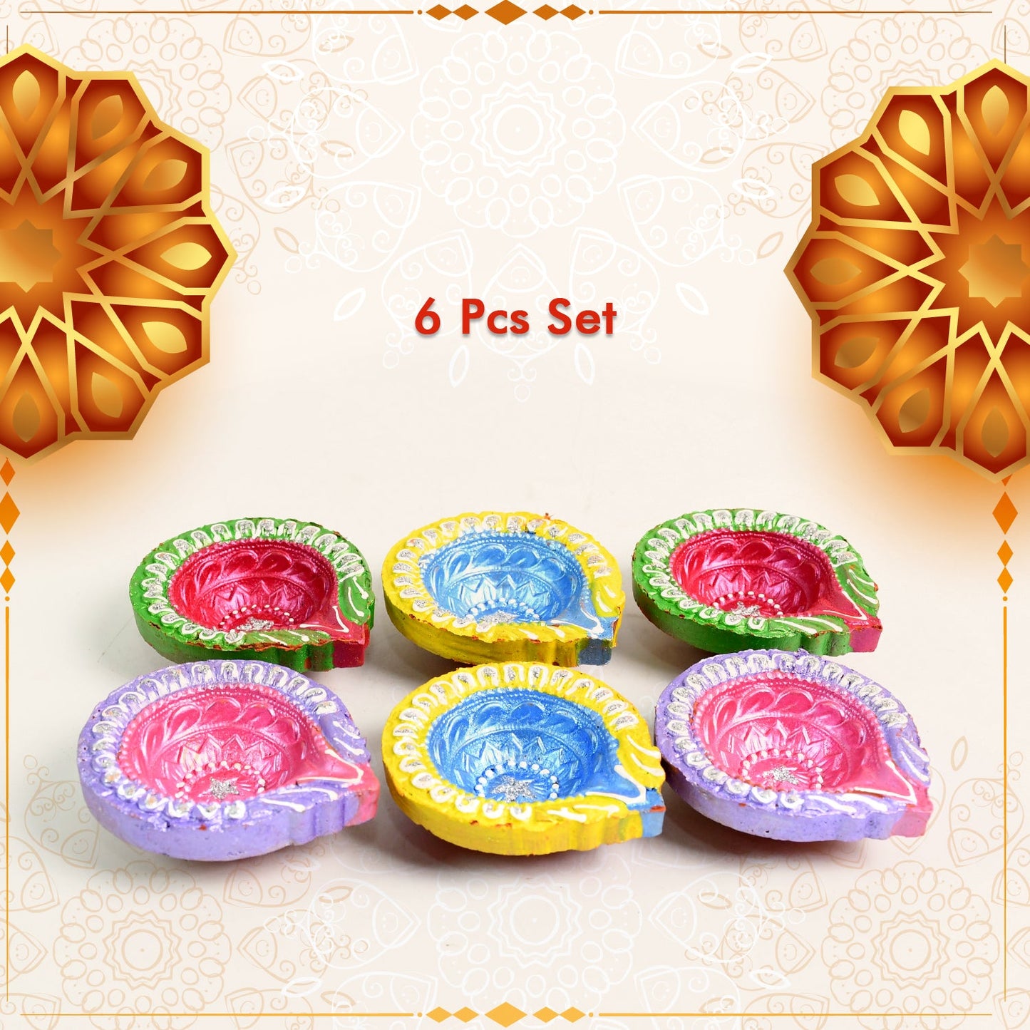 Decorative Hand Painted Clay Puja Diya for Diwali Home Indoor Outdoor Handmade Diya (6 Pcs Set/ Mix Design) SWASTIK CREATIONS The Trend Point